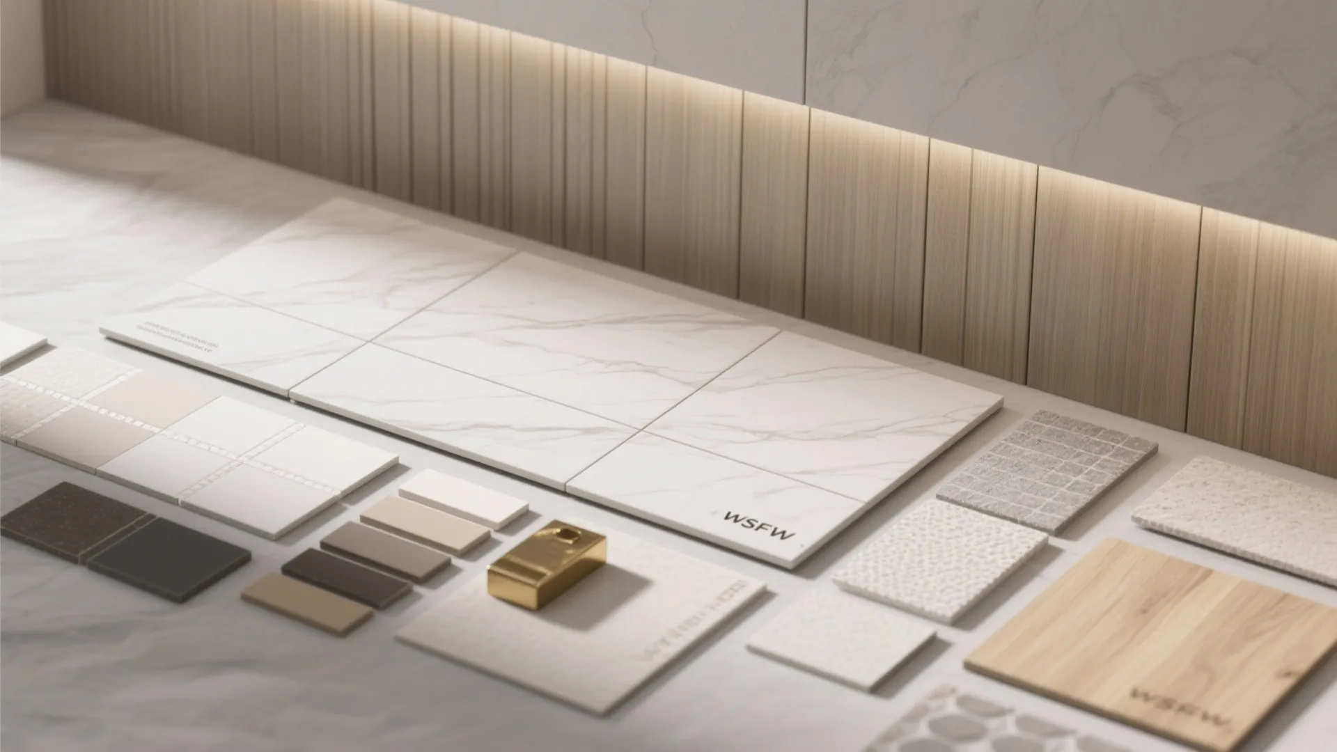 Interior design material board with white marble tiles wood samples and warm light on wall