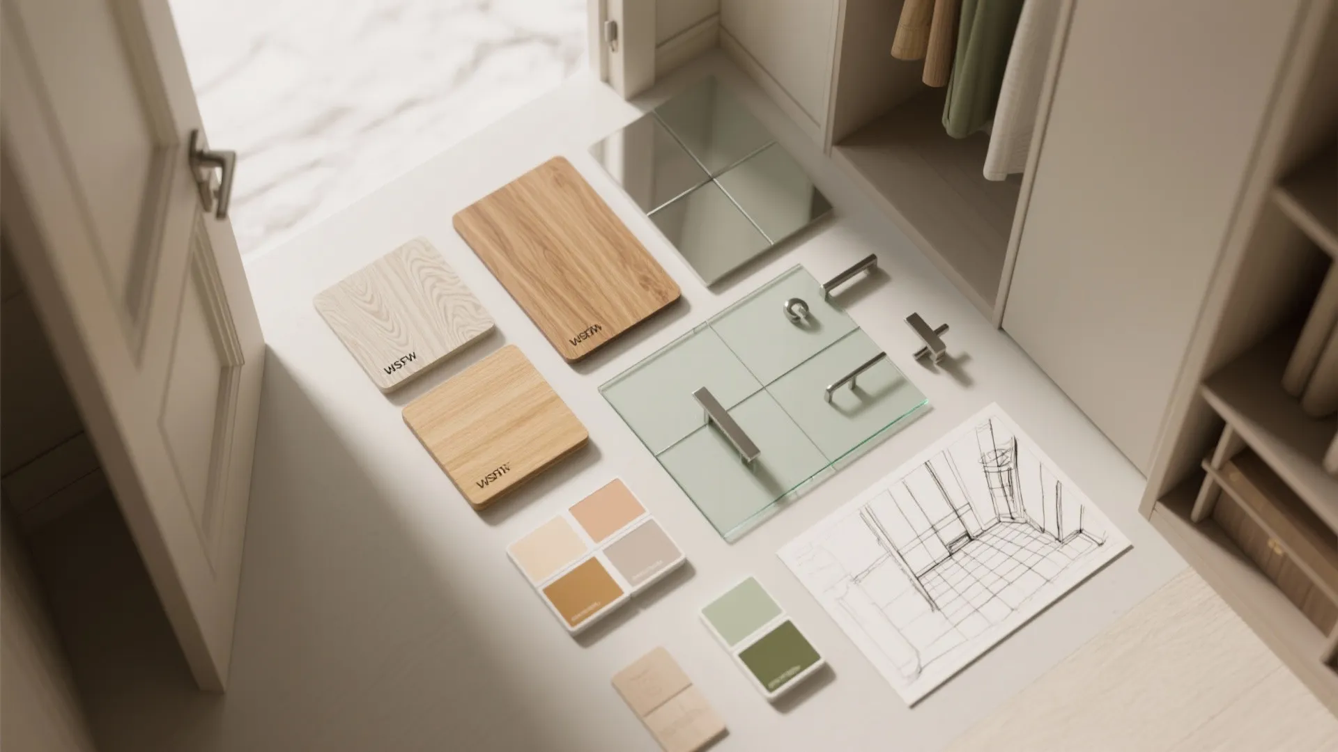 Interior design materials including wood samples glass tiles paint colors and a hand drawn sketch