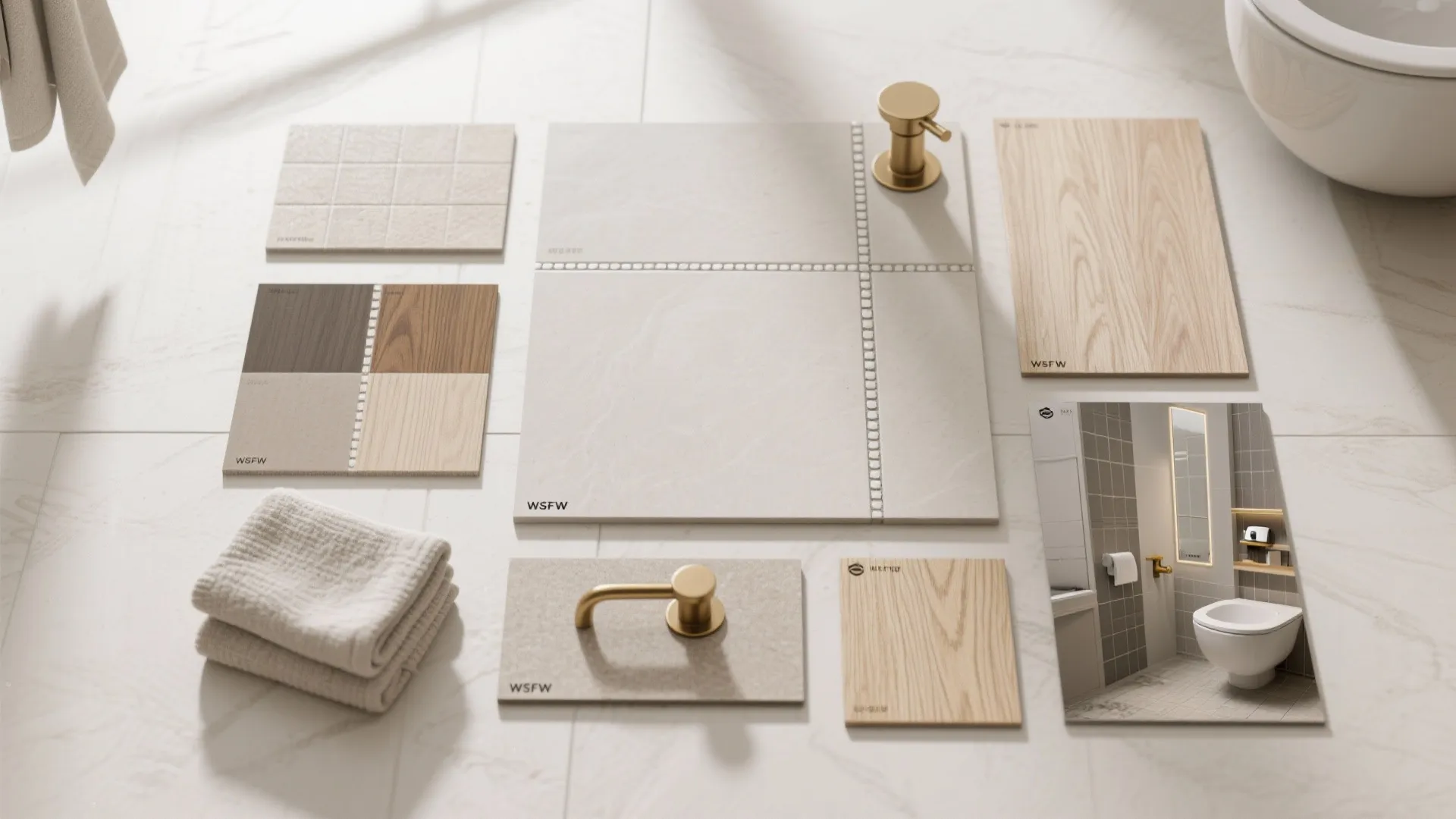 Material mood board showing bathroom floor tiles wood samples gold fixtures and a white towel