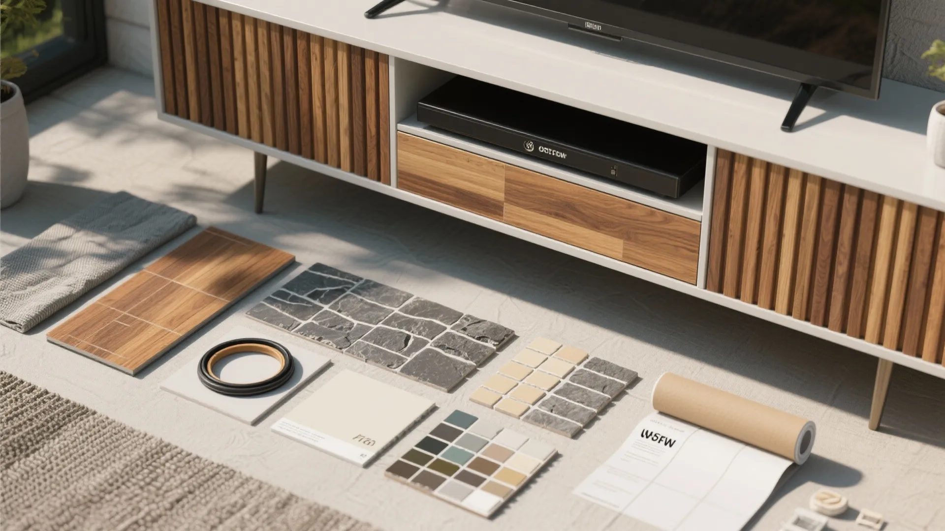 Interior design materials like wood tiles and color swatches laid out on a bright floor