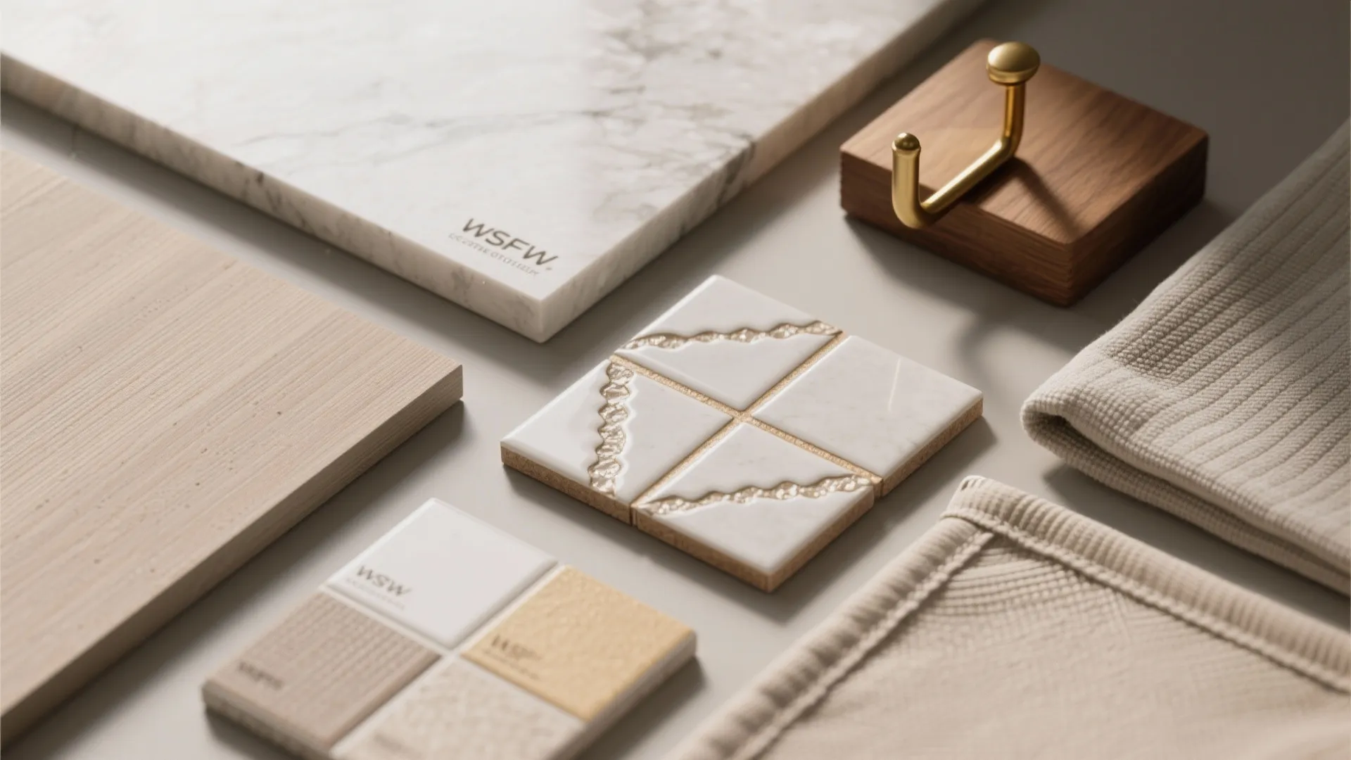 Top-down flatlay of quartz, laminate, tile samples and a brass hook illustrating durable finishes and accents.