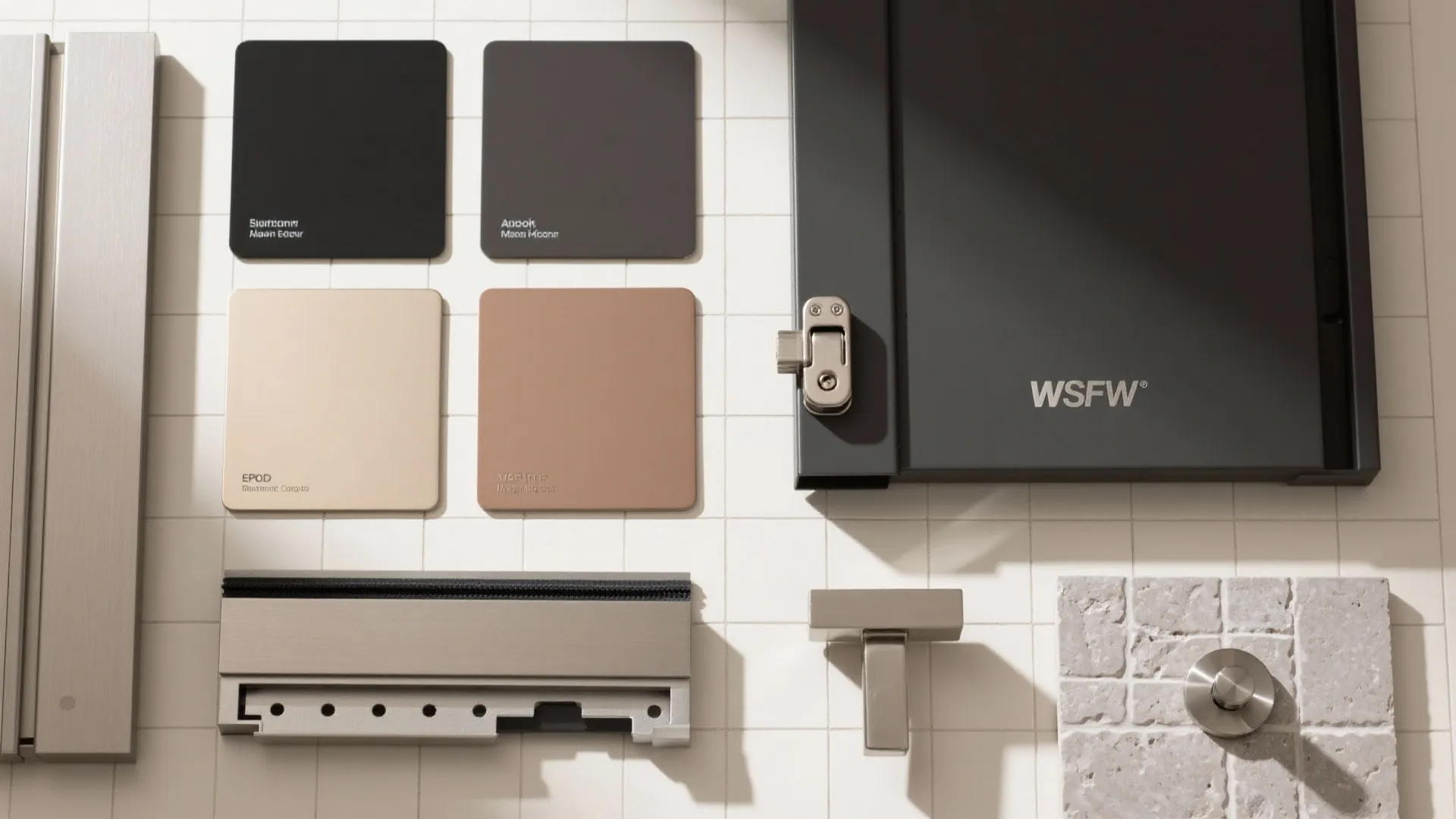 Material flat lay with four color swatches cabinet door metal handle and small stone tile