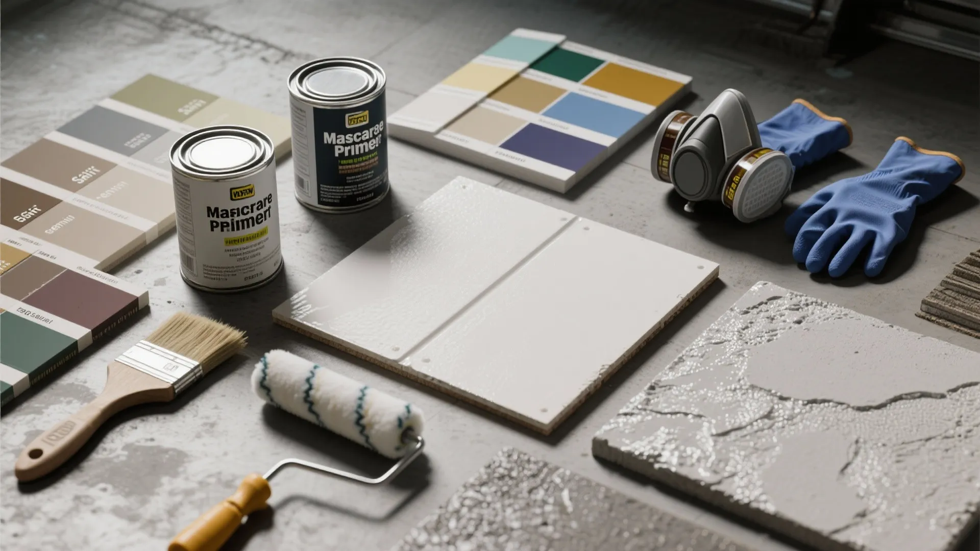 Top-down flatlay of satin, semi-gloss and primer samples with brushes, gloves, and material swatches for garage finishes.