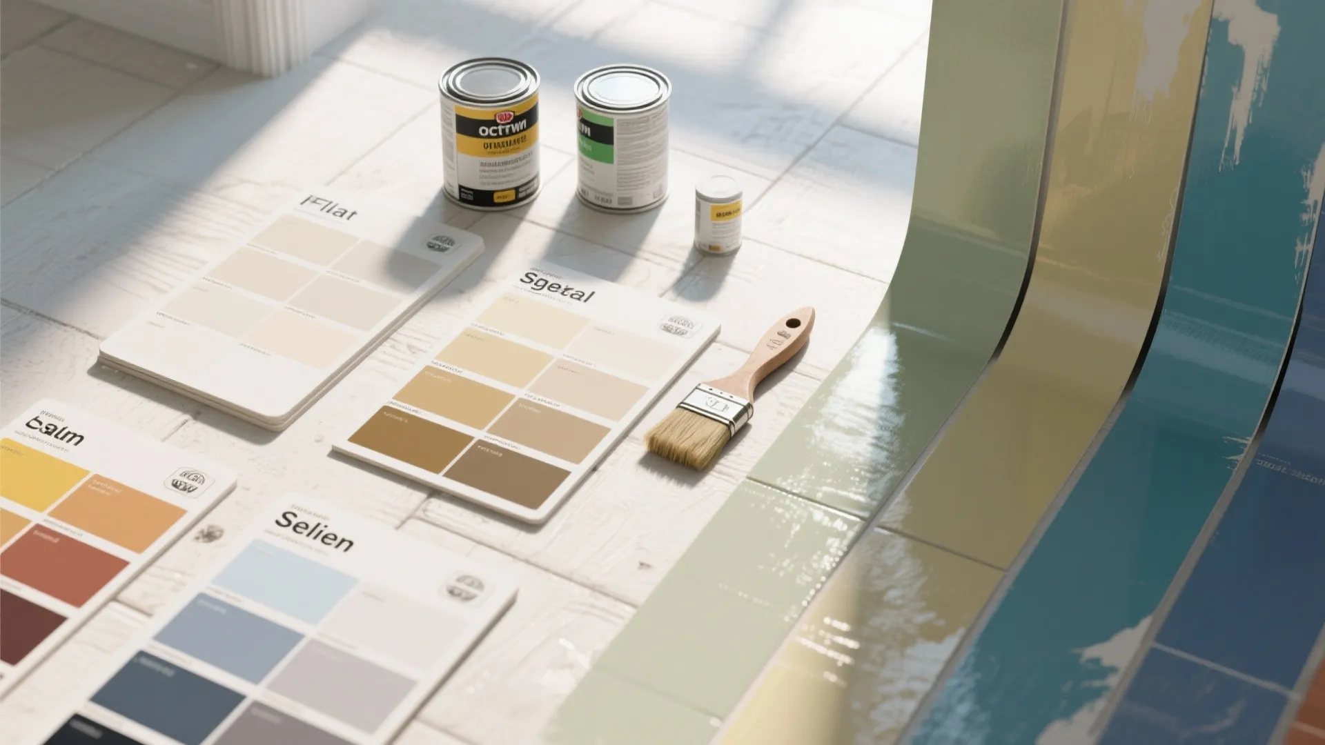 Top-down flatlay of paint sample boards, brushes and sheen swatches illustrating satin and semi-gloss finishes.