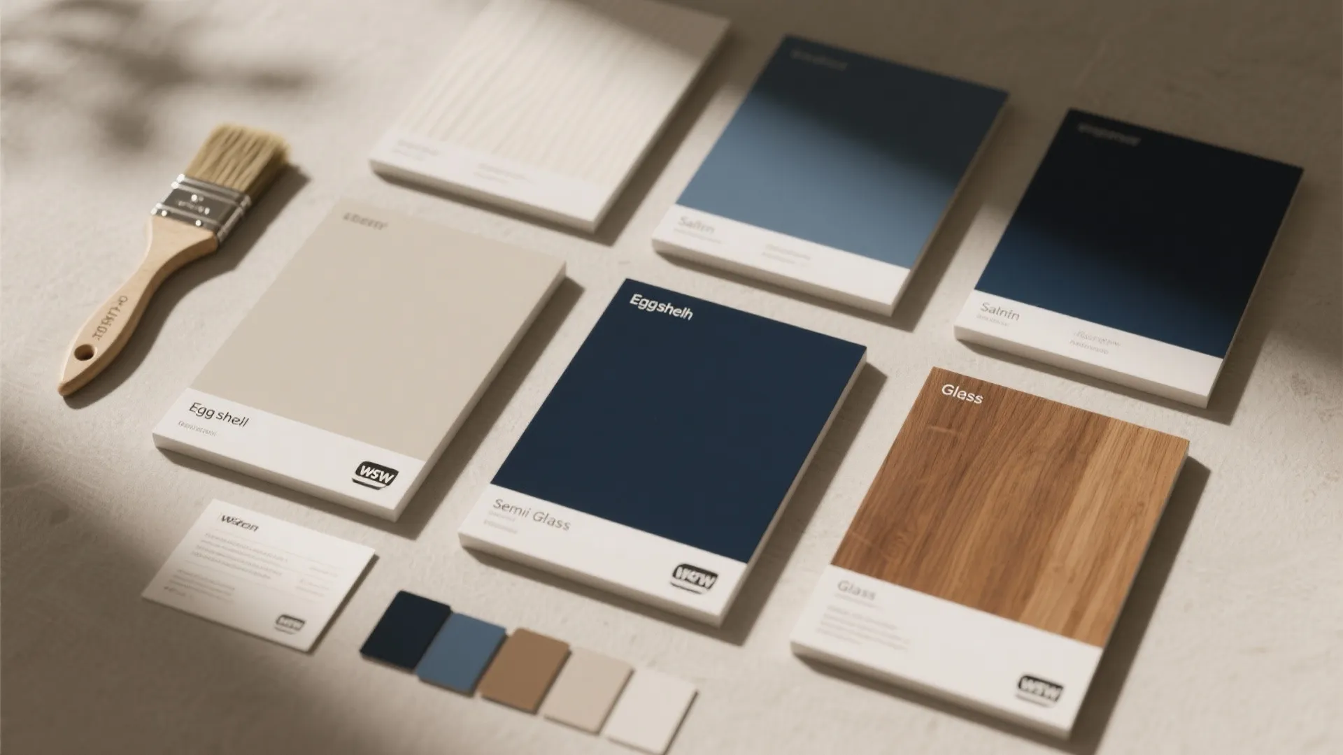 Various paint color samples and wood material cards arranged on a table with a paintbrush