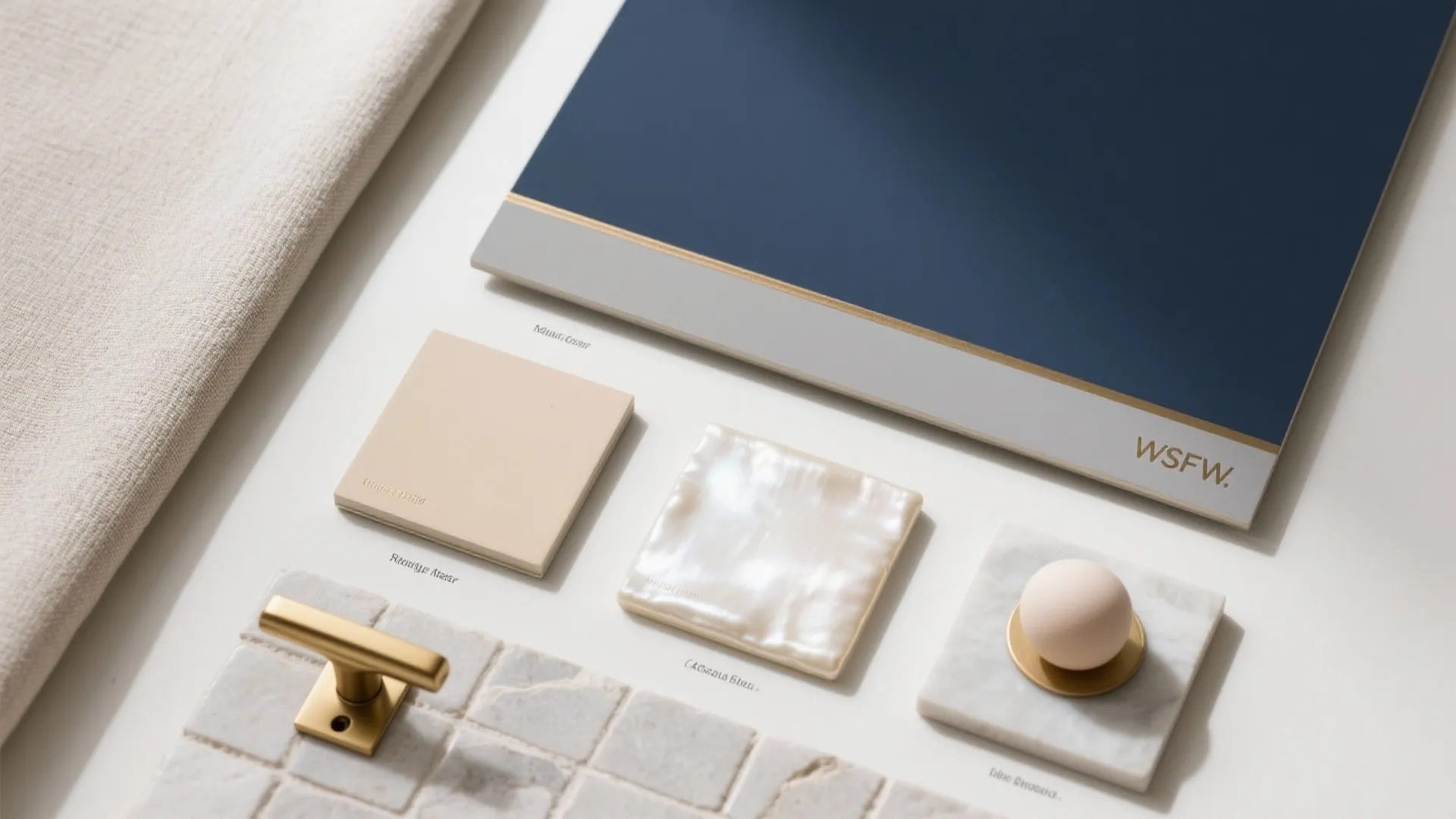Flat lay of interior design materials featuring blue board cream tiles brass handle and fabric