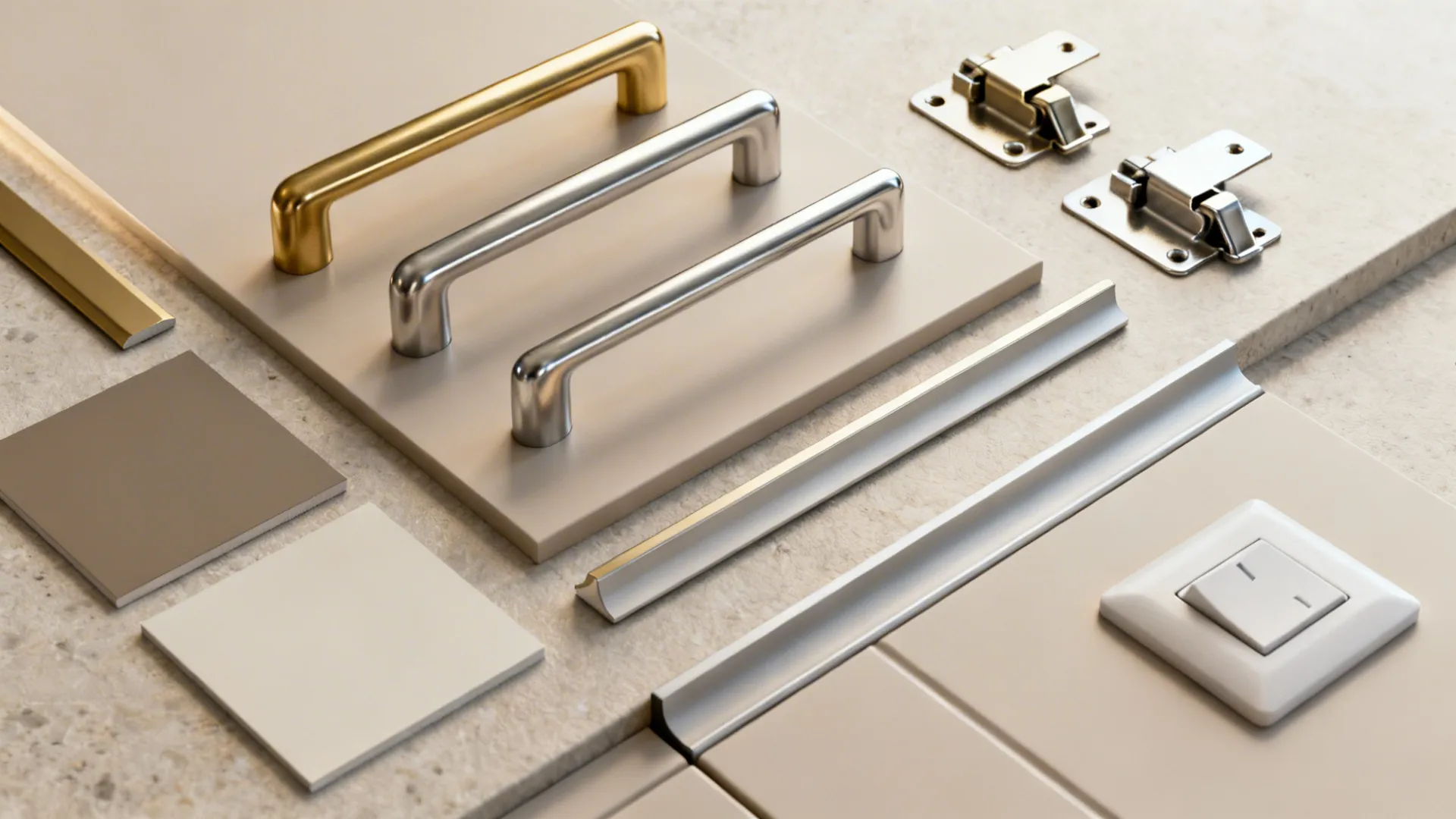 Flat lay of brass and nickel hardware, low-sheen paint chips, and a slim edge sample.