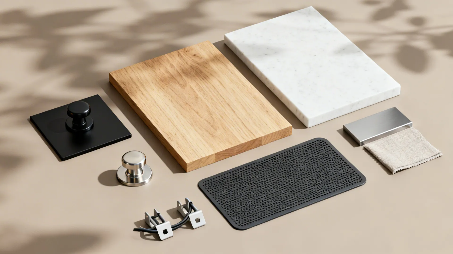 Flatlay of kitchen materials and hardware to harmonize a visible microwave finish.