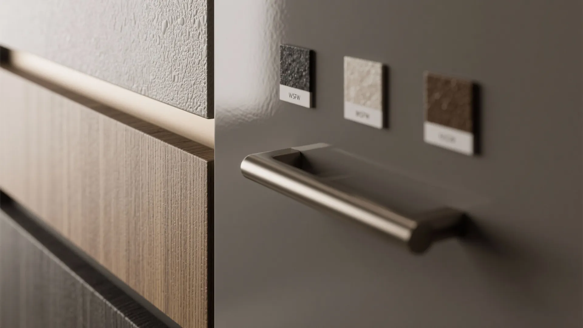Close up view of cabinet door handle options and different color samples for furniture finishes
