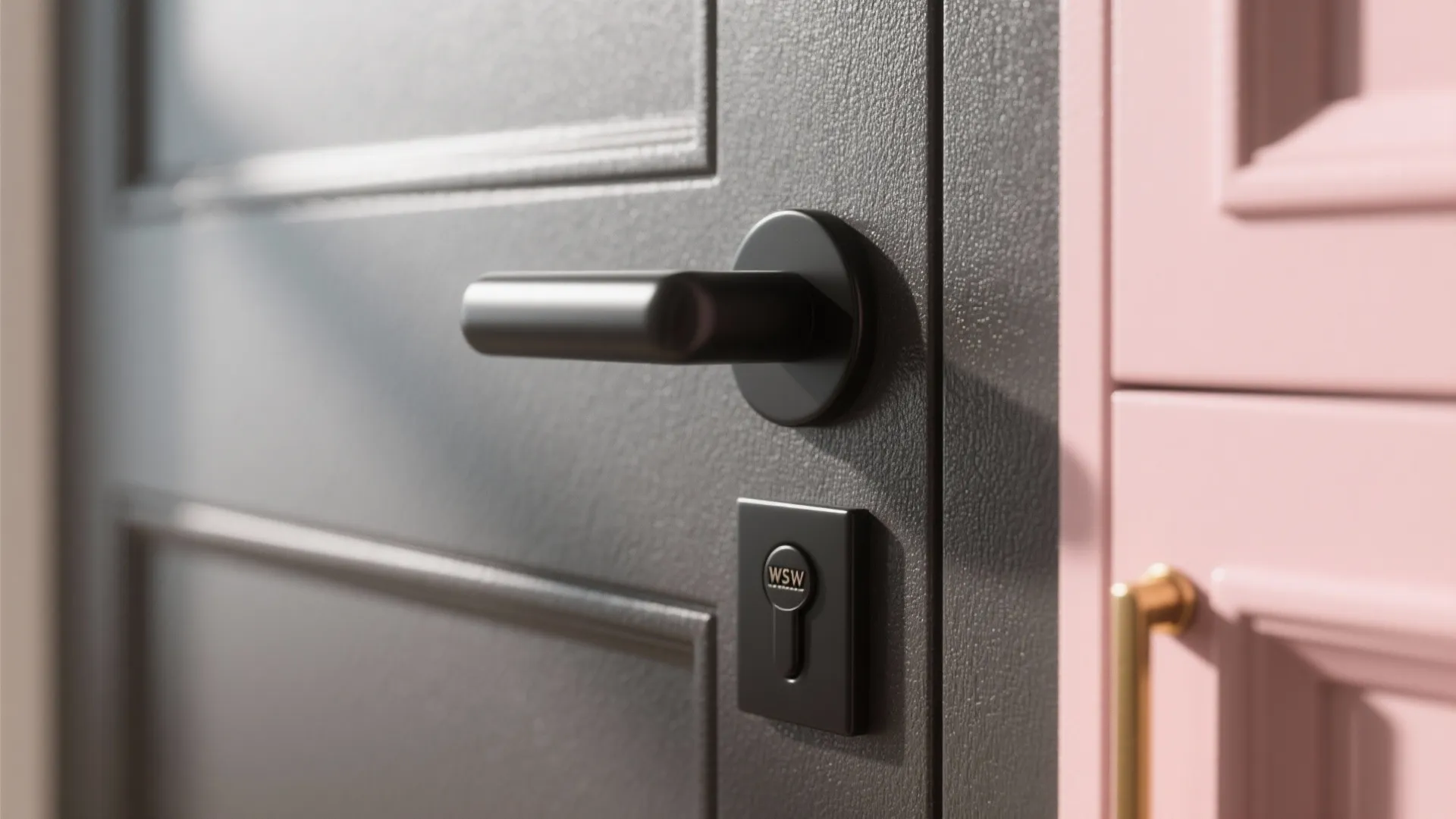 Close up of a matte black door handle and lock on a dark grey door