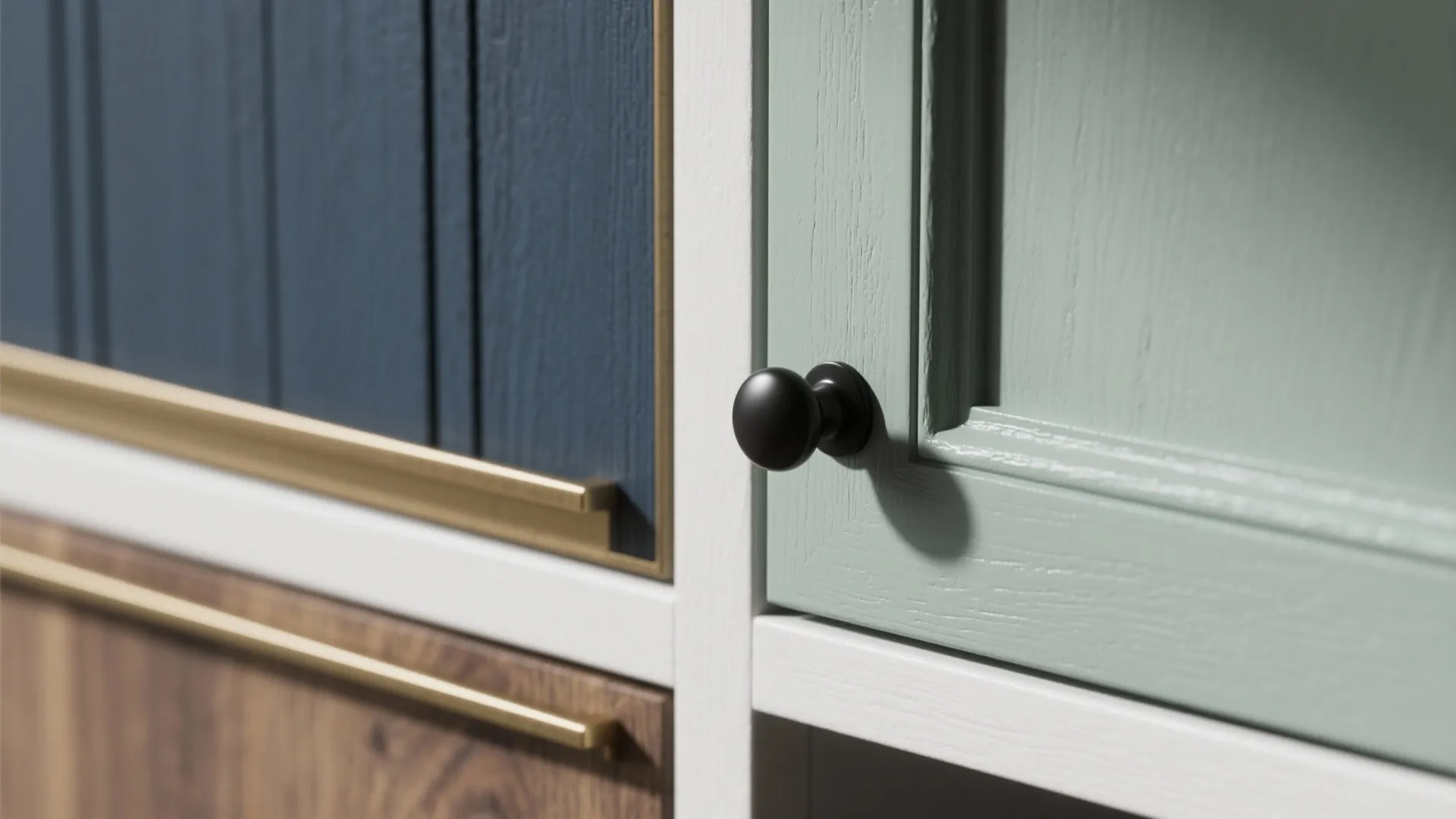Close up of blue green and wood cabinet doors with gold and black metal handles