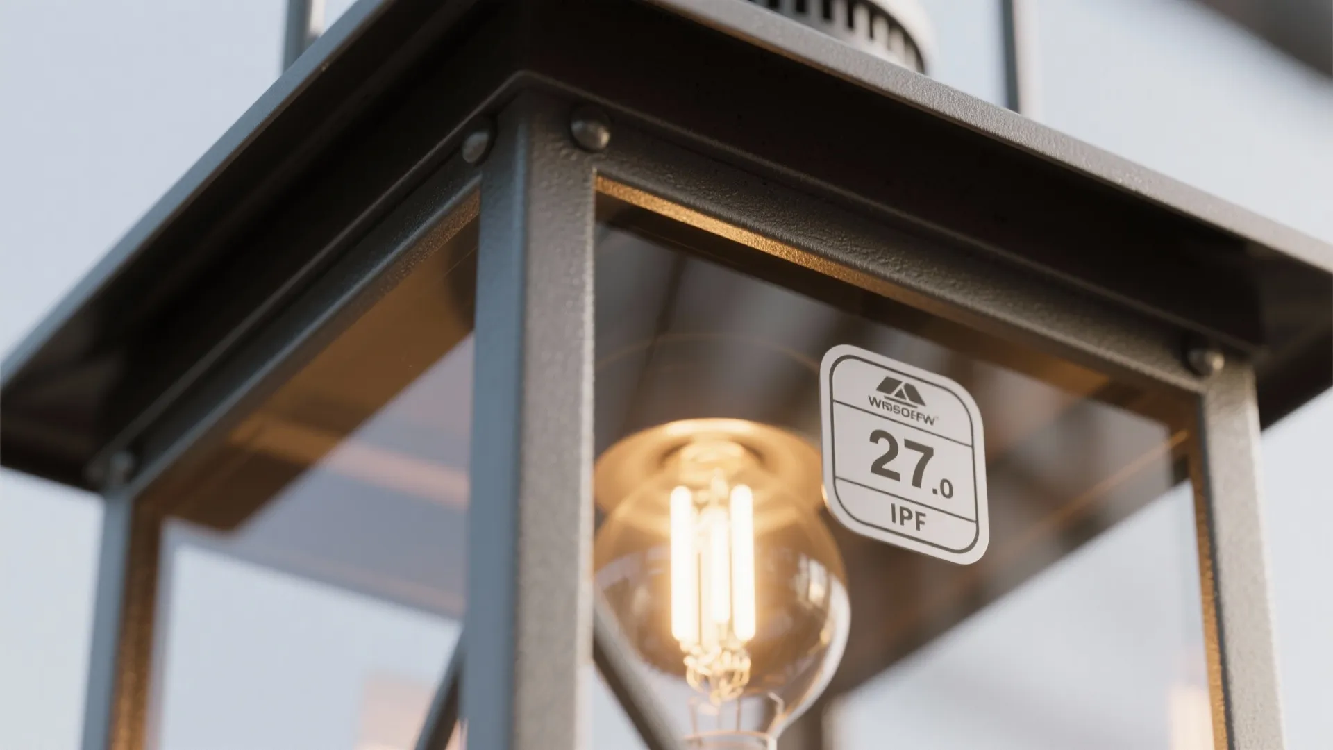 Close up of a black outdoor wall light fixture with a clear glass and bulb