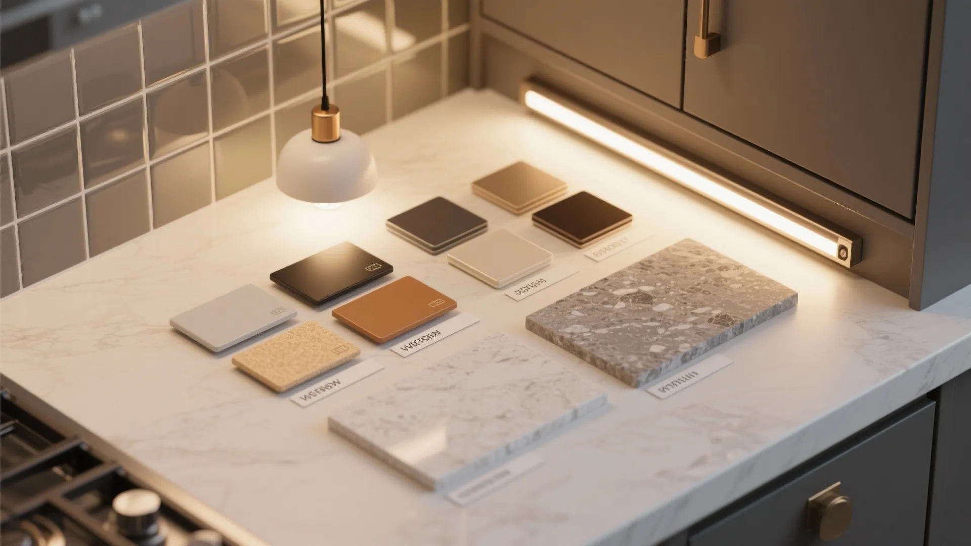 Interior design material samples displayed on marble countertop under hanging ceiling light and small light fixture