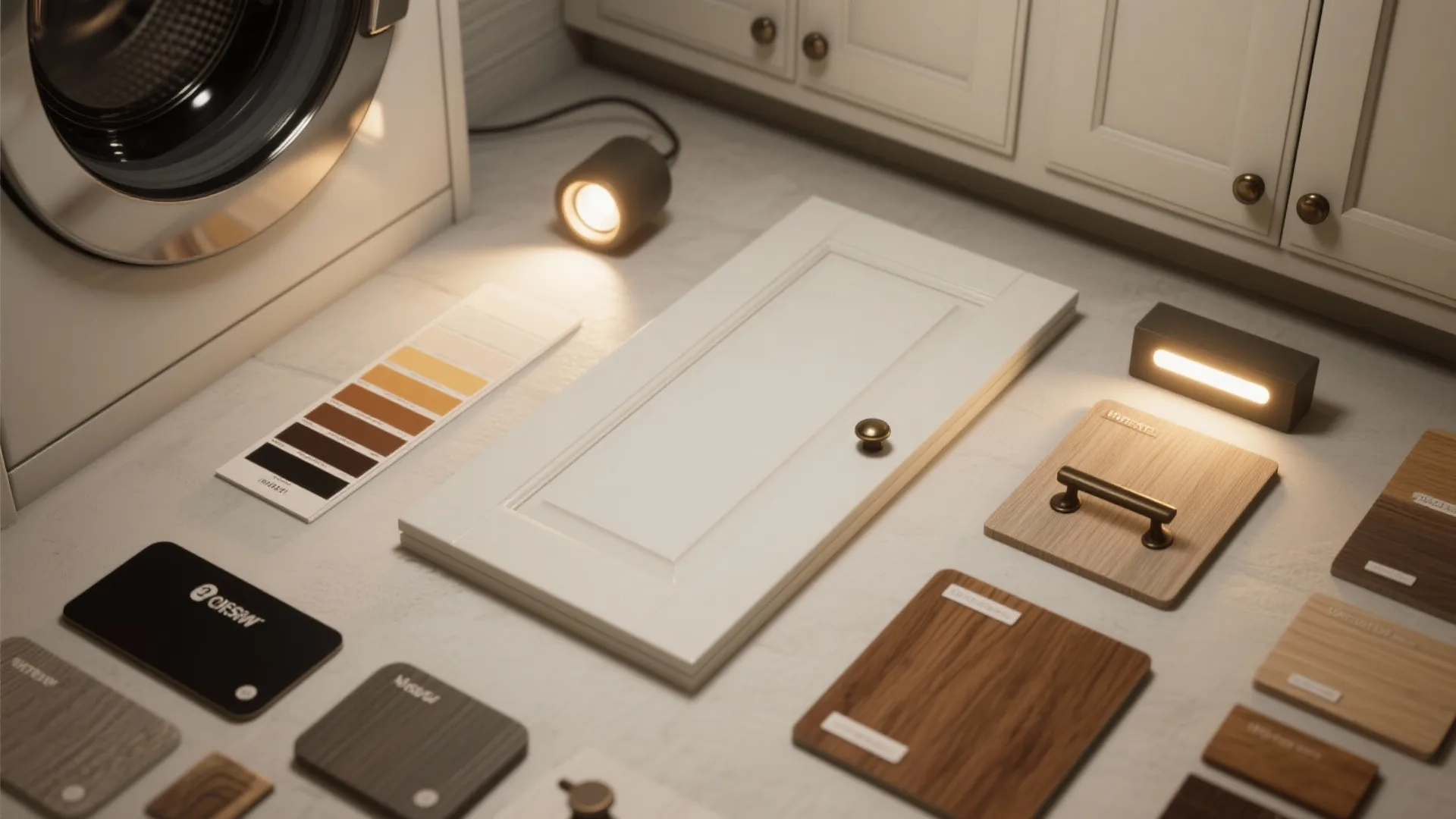 Flatlay of cabinet door, paint swatches, wood veneer and lighting sample for garage laundry finishes