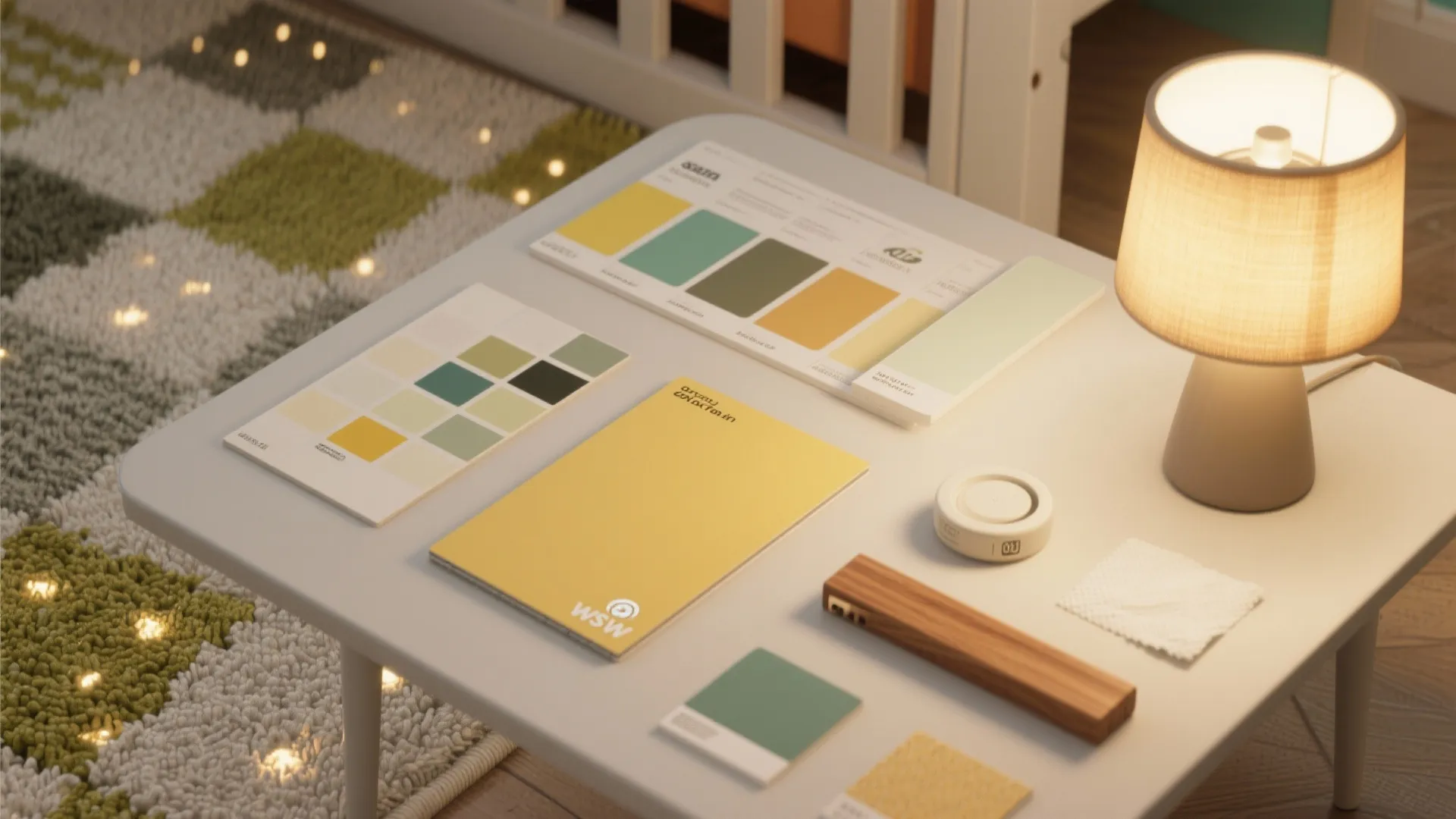 Interior design color swatches and paint samples on a white table with a small lamp