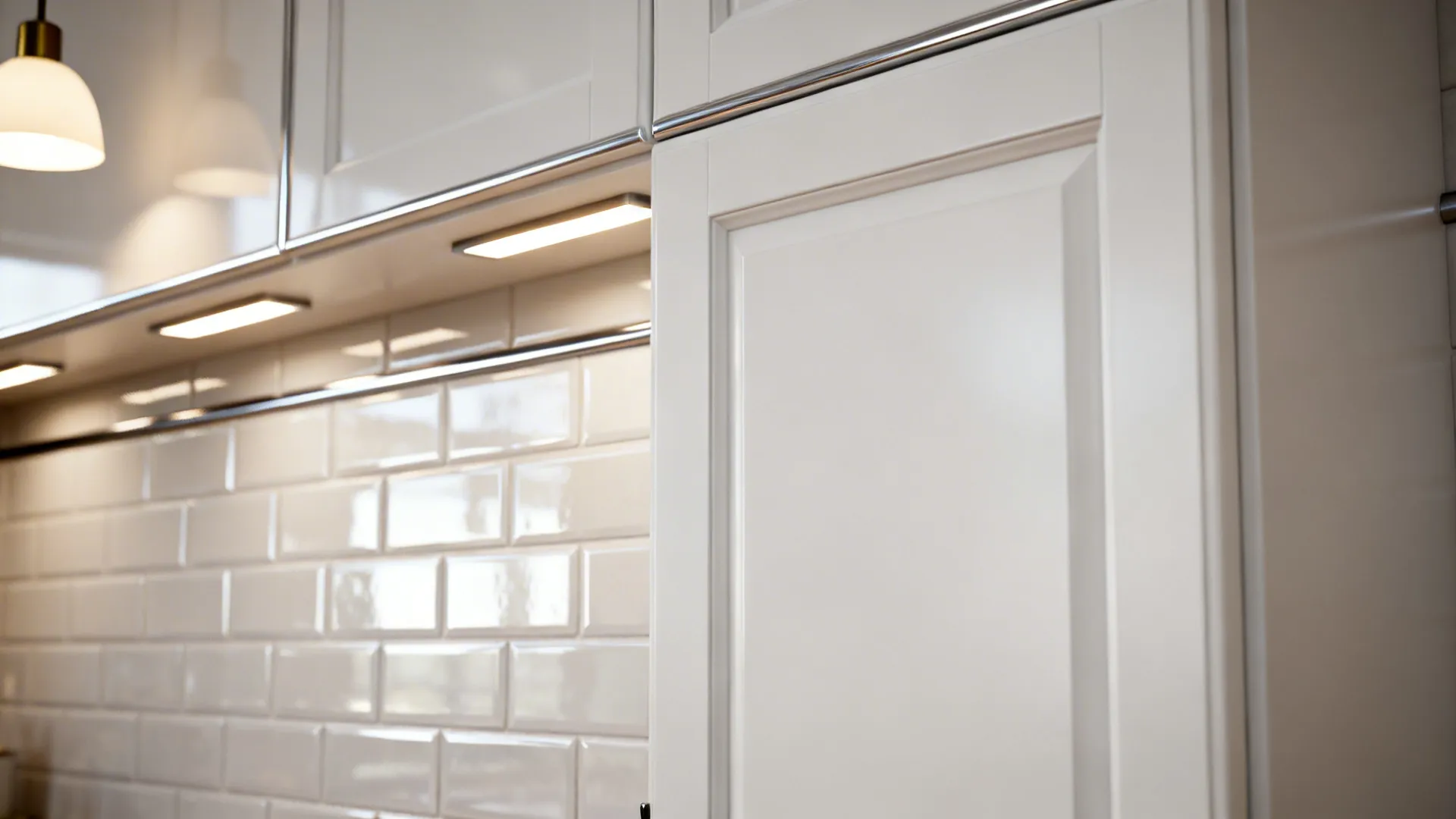 Close-up of matte cabinet, glossy backsplash and layered kitchen lighting