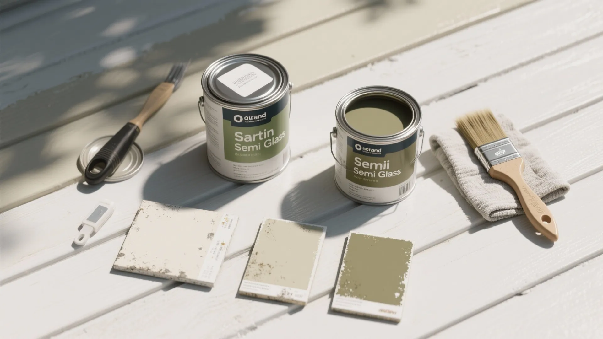 Two paint cans on white wooden floor with paint brushes and three small color cards
