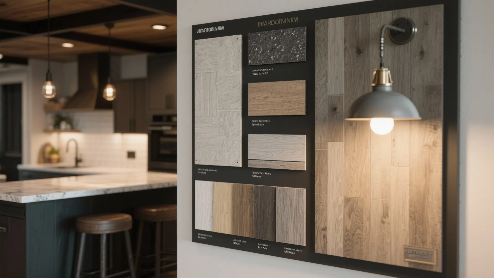 Interior design material board with wood samples and wall light next to a modern kitchen