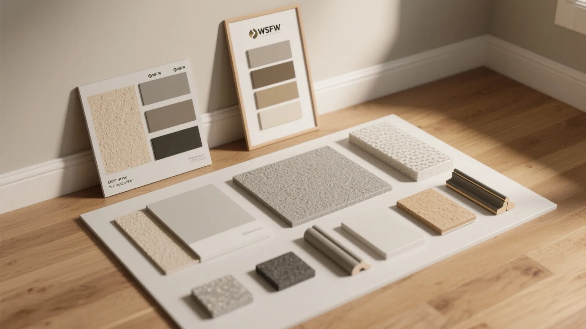 Interior design material samples including flooring tiles carpet and color palettes on a wooden floor
