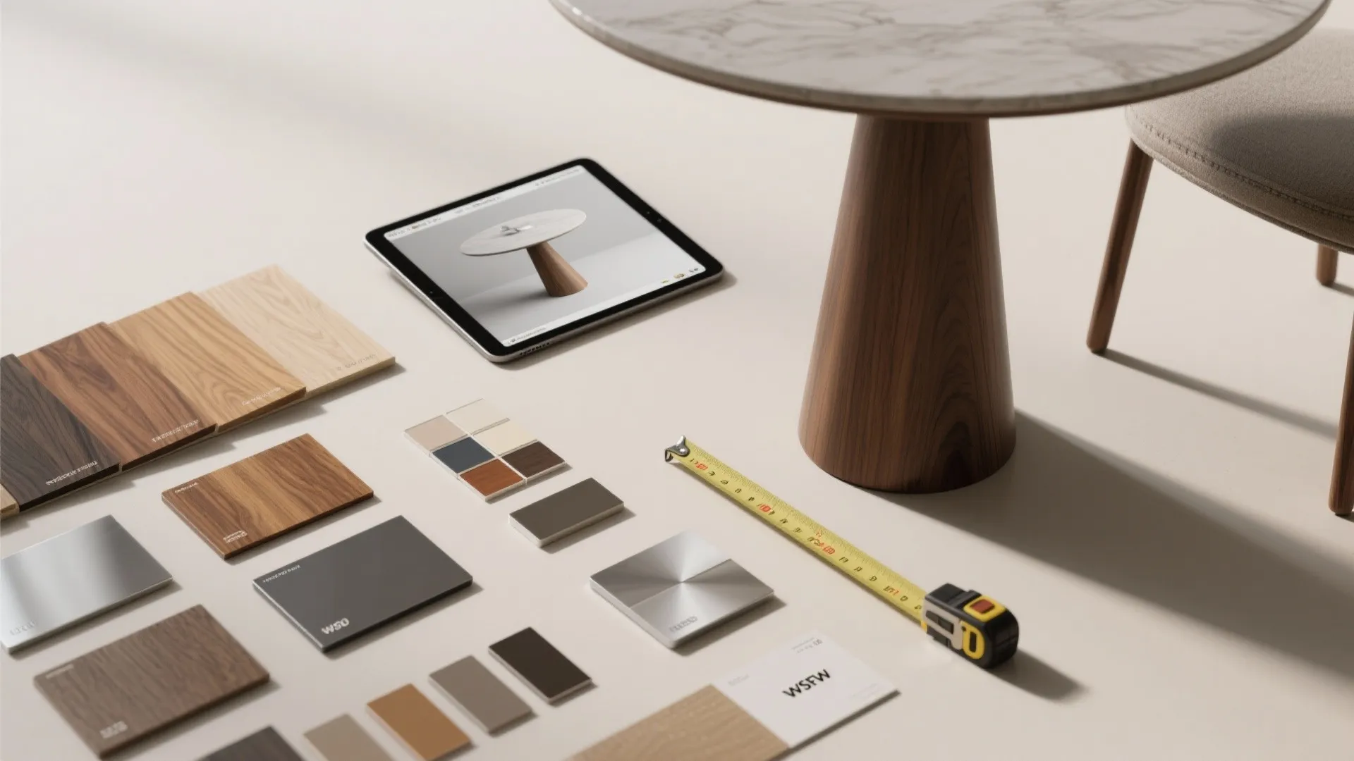 Interior design materials including wood samples color swatches measuring tape and a digital tablet on floor