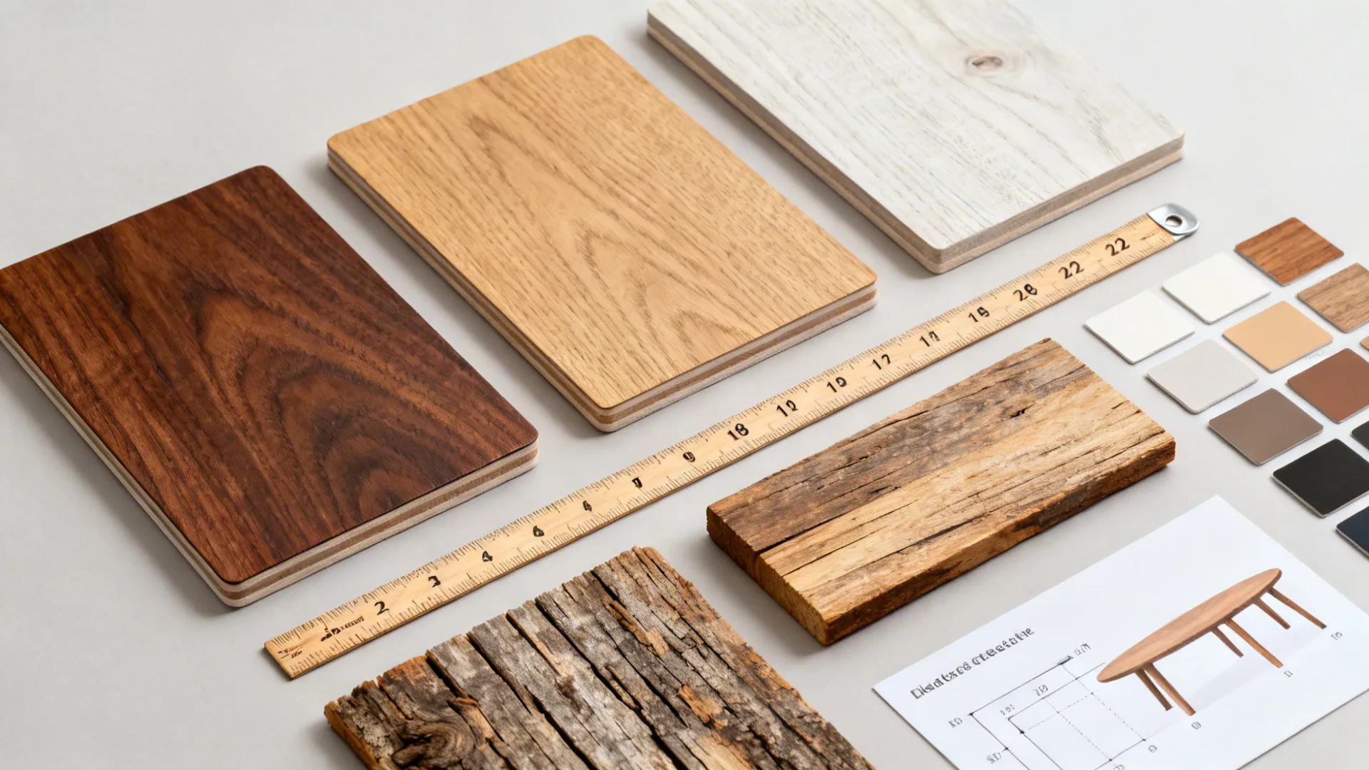 Flatlay of wood finish samples, color chips, and scale reference showing recommended diameters and finishes.