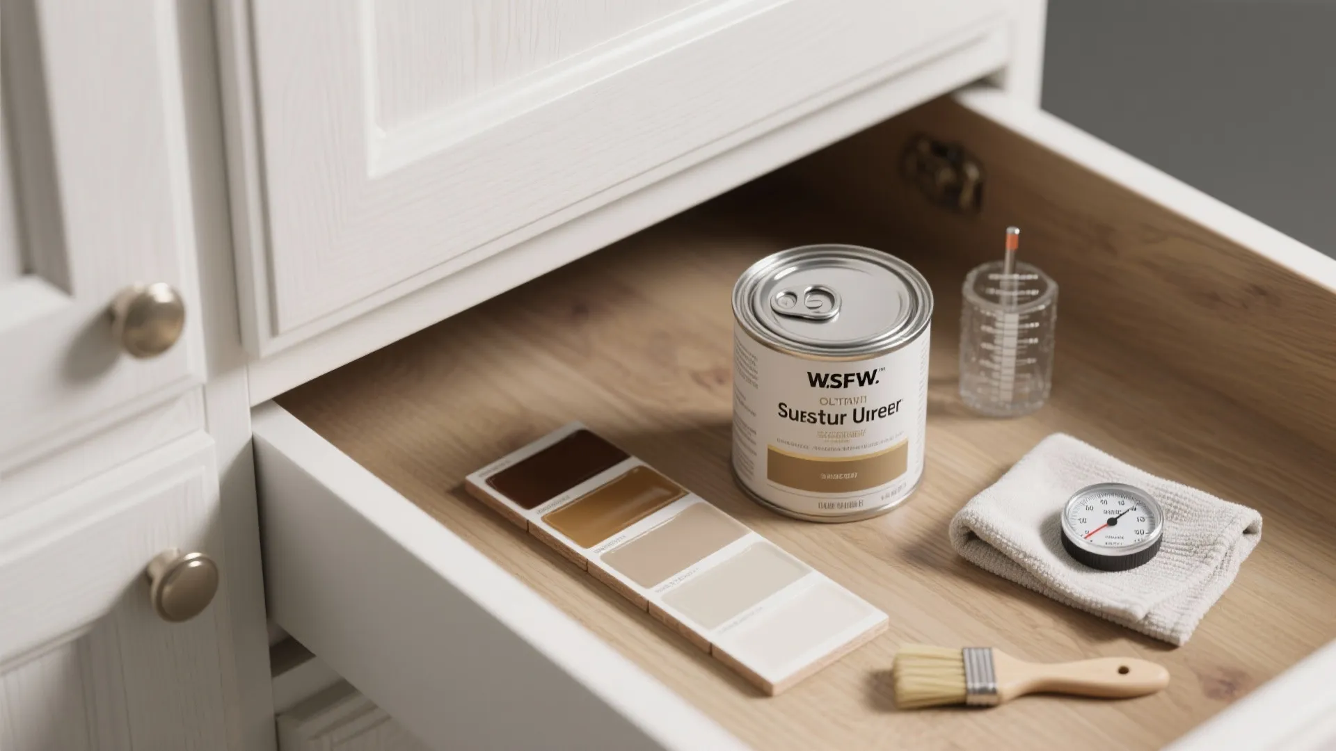 Finish and sealing tools for white oak cabinets including urethane, swatches, and moisture gauge.