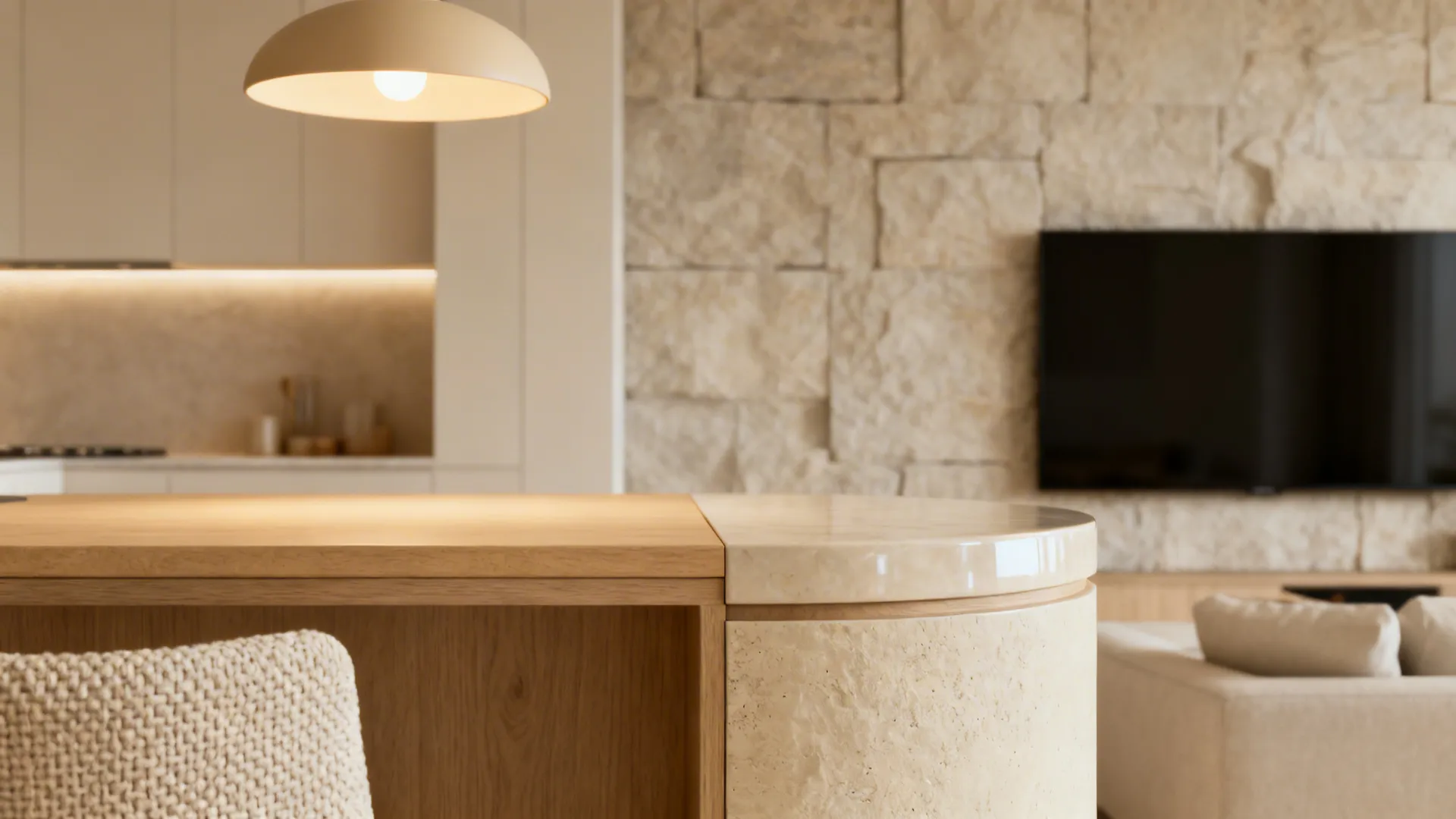 Close-up of coordinated finishes and task lighting in an open plan kitchen-living room