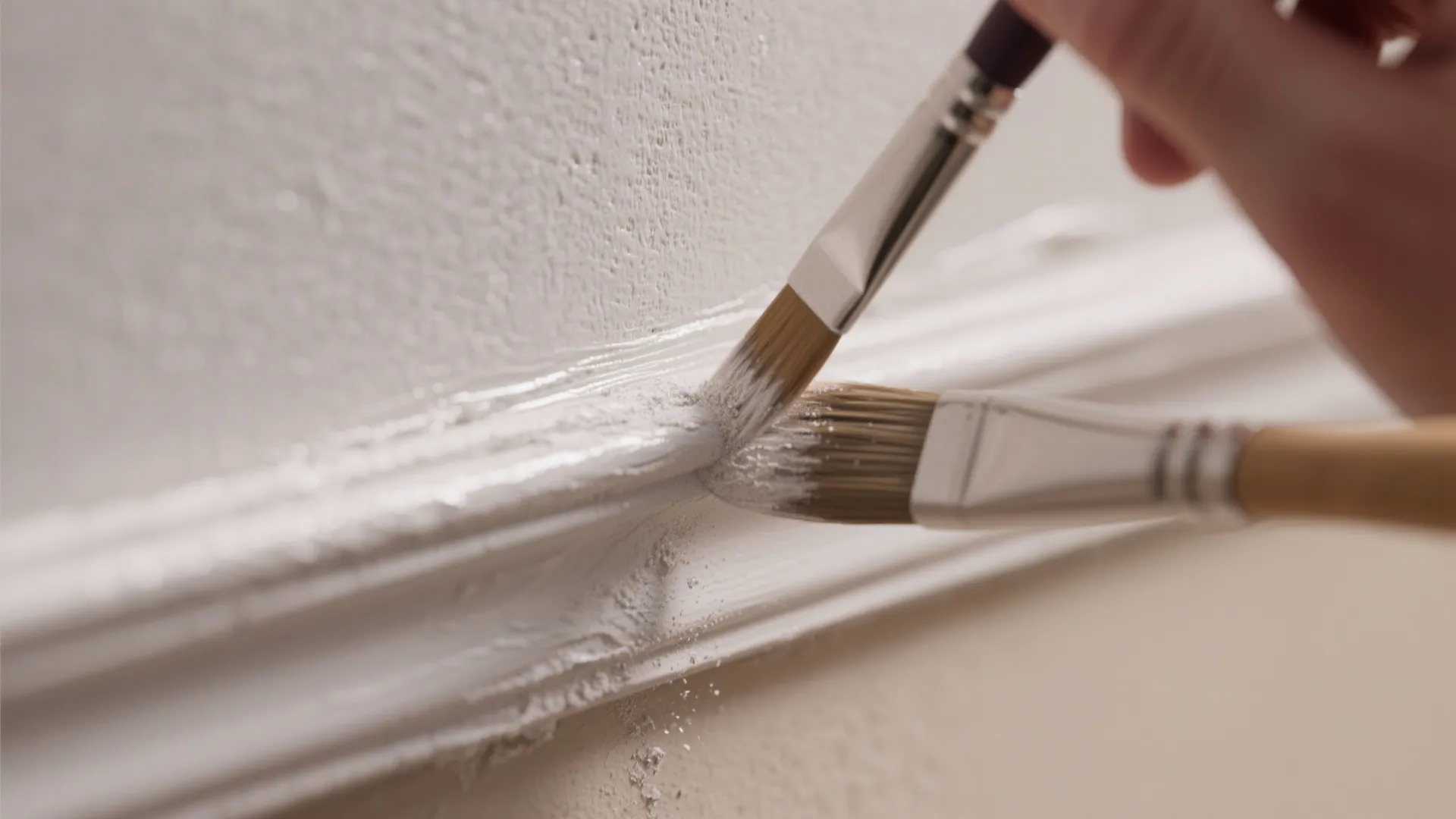 Close up view of two small brushes applying white paint to a decorative wall panel edge