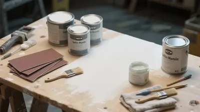 Wood Finishing Workshop Setup with Paint Tools