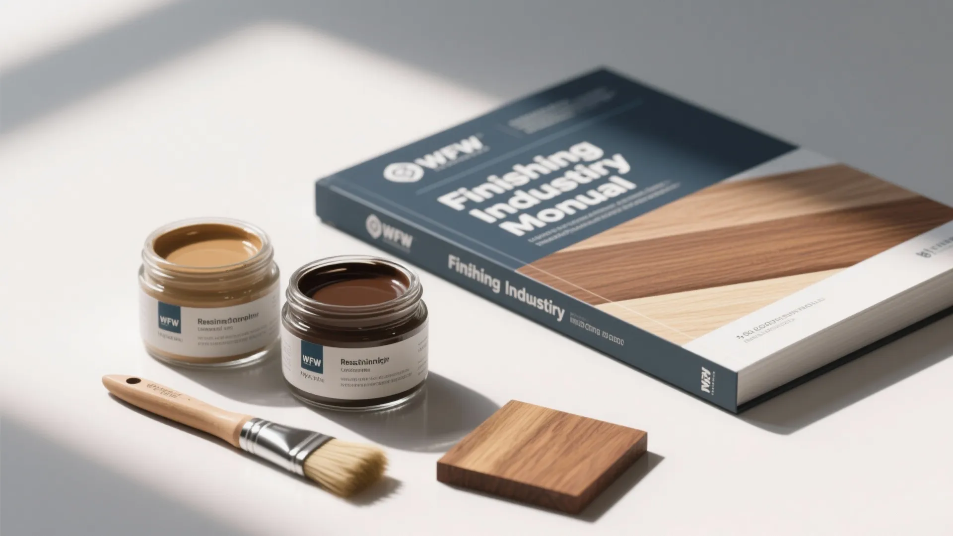 Two jars of wood stain a small paint brush and a wood finishing manual book