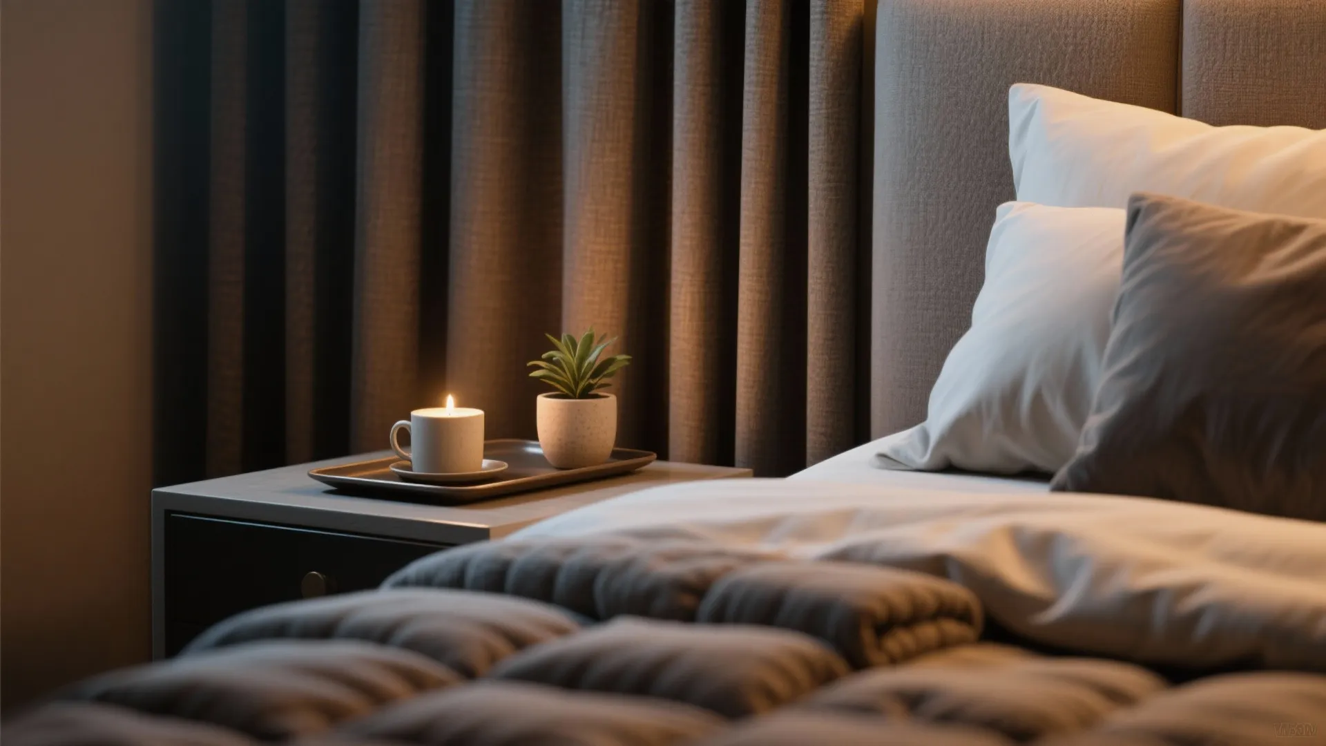 Bedside tray with candle, weighted blanket, and small plant conveying ritual and luxury