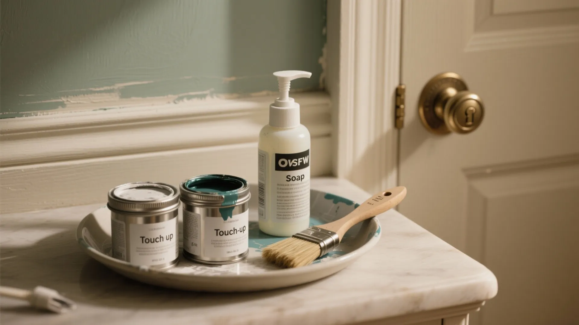 Small paint cans for touch up soap bottle and paint brush on marble surface near door