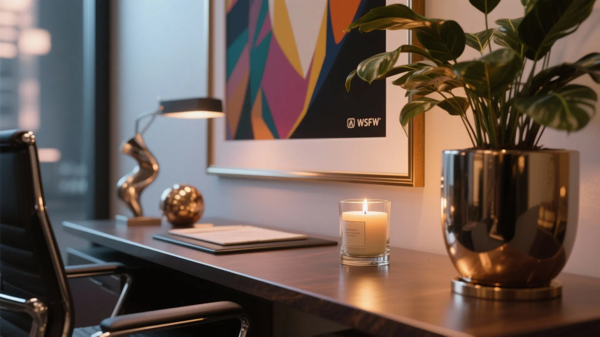 Dark wood desk featuring a lit candle, green plant in gold pot, and framed art