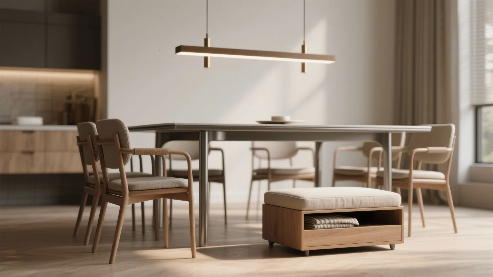 Close-up of finishing touches: thin table edge, pendant light, stackable chairs, and storage ottoman with textiles.