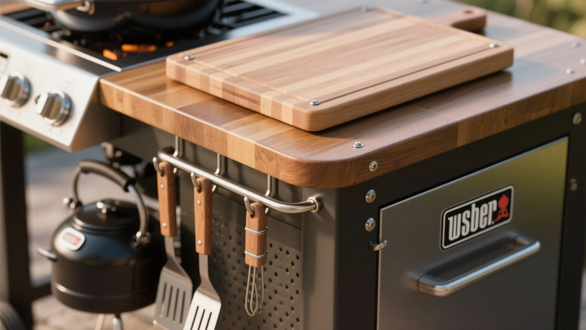 Macro view of rounded butcher block edge, heat shield, tool hooks and removable cutting board on a prep table.