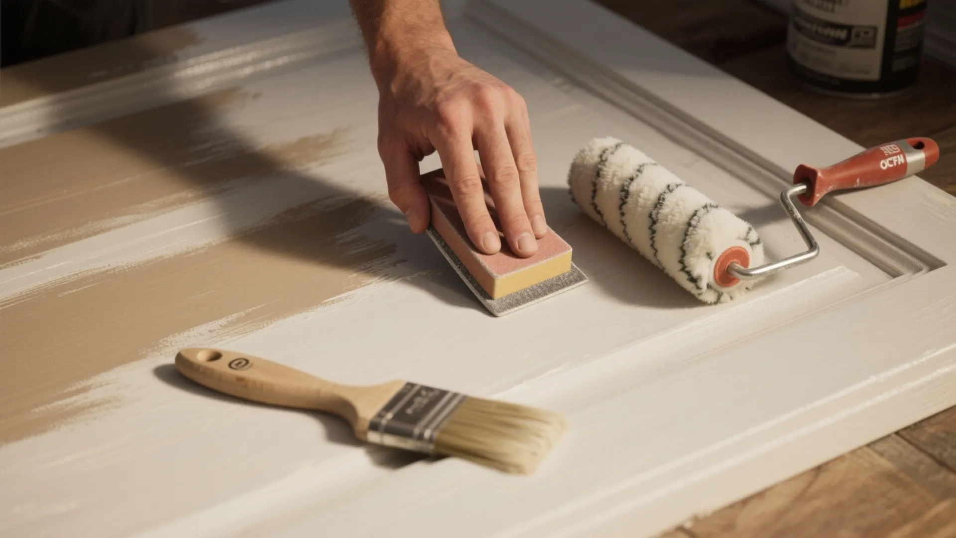 Hand sanding a white wooden door surface with a paint roller and brush on top