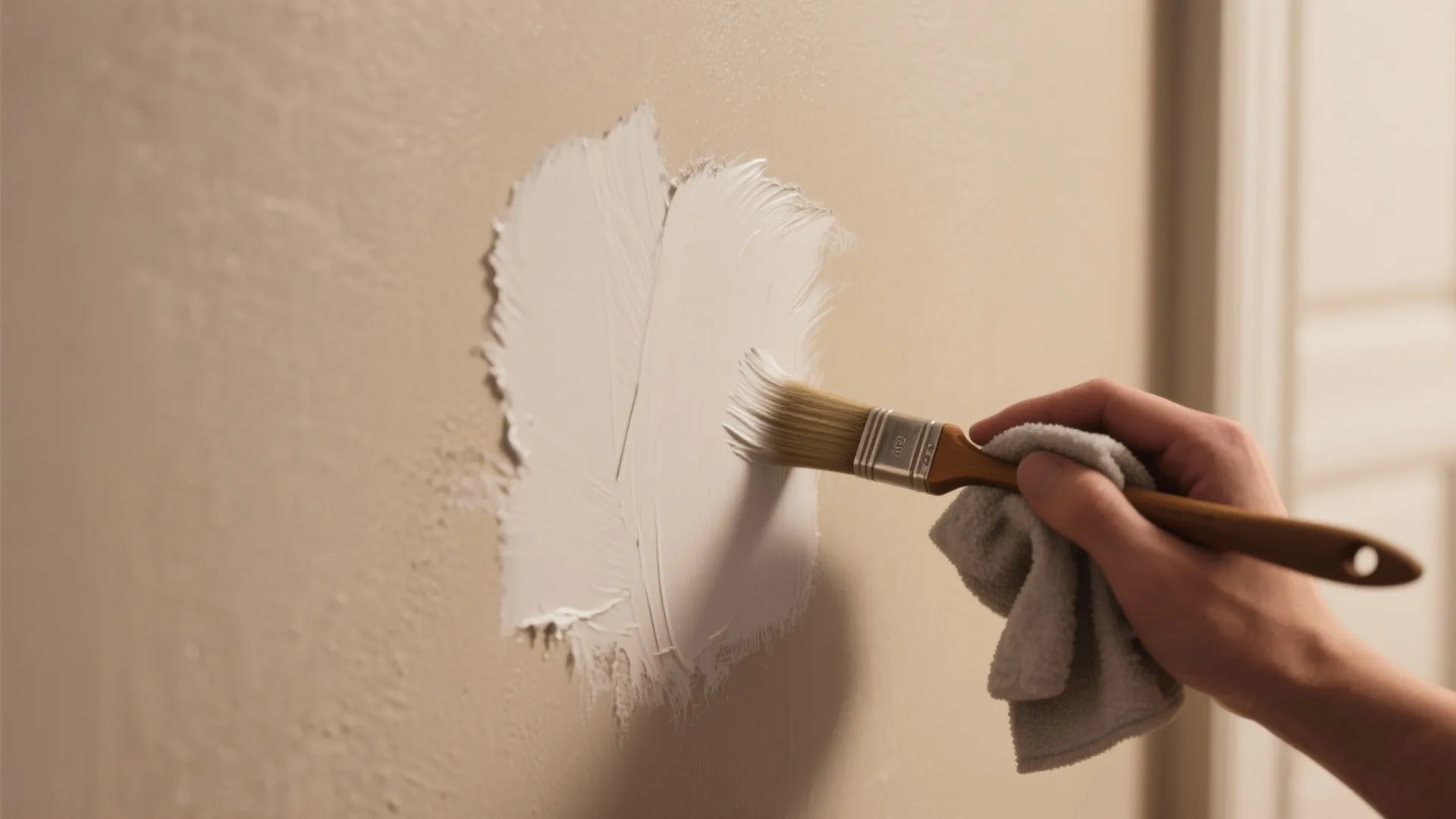 Hand using a small brush to apply white paint over a patched hole on wall