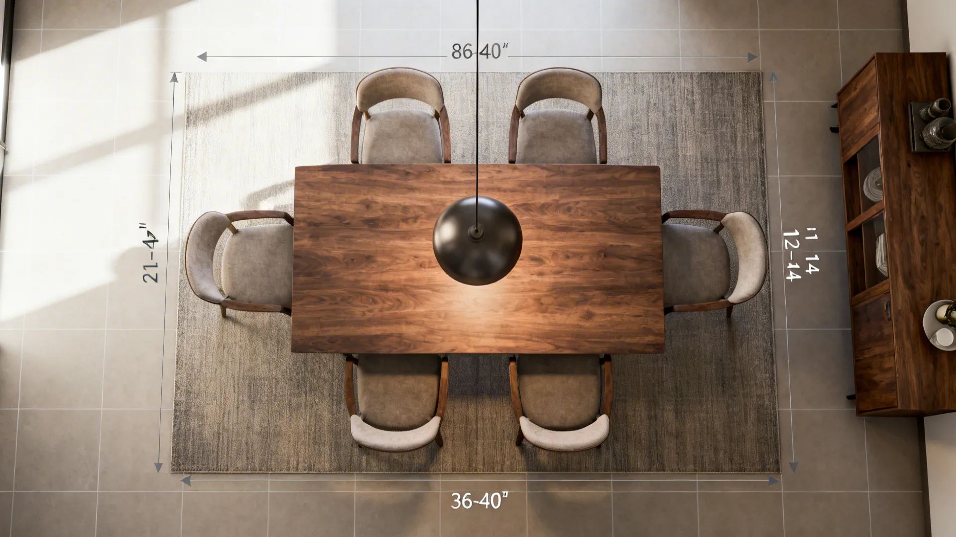 Top-down plan indicating rug overhang, pendant center, sideboard depth, and 36–40 inch paths.