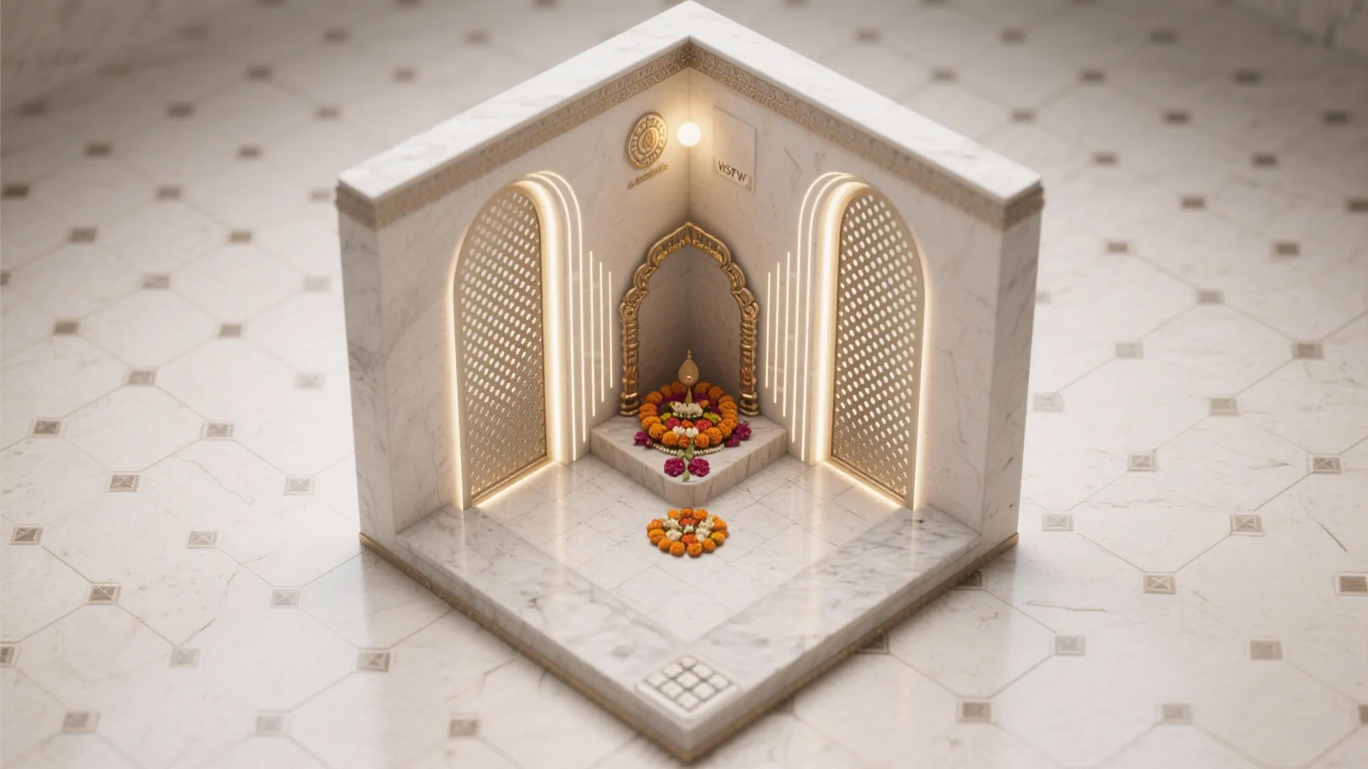 Top-down view of a pooja corner framed by two perforated metal fins showing airflow and light paths.
