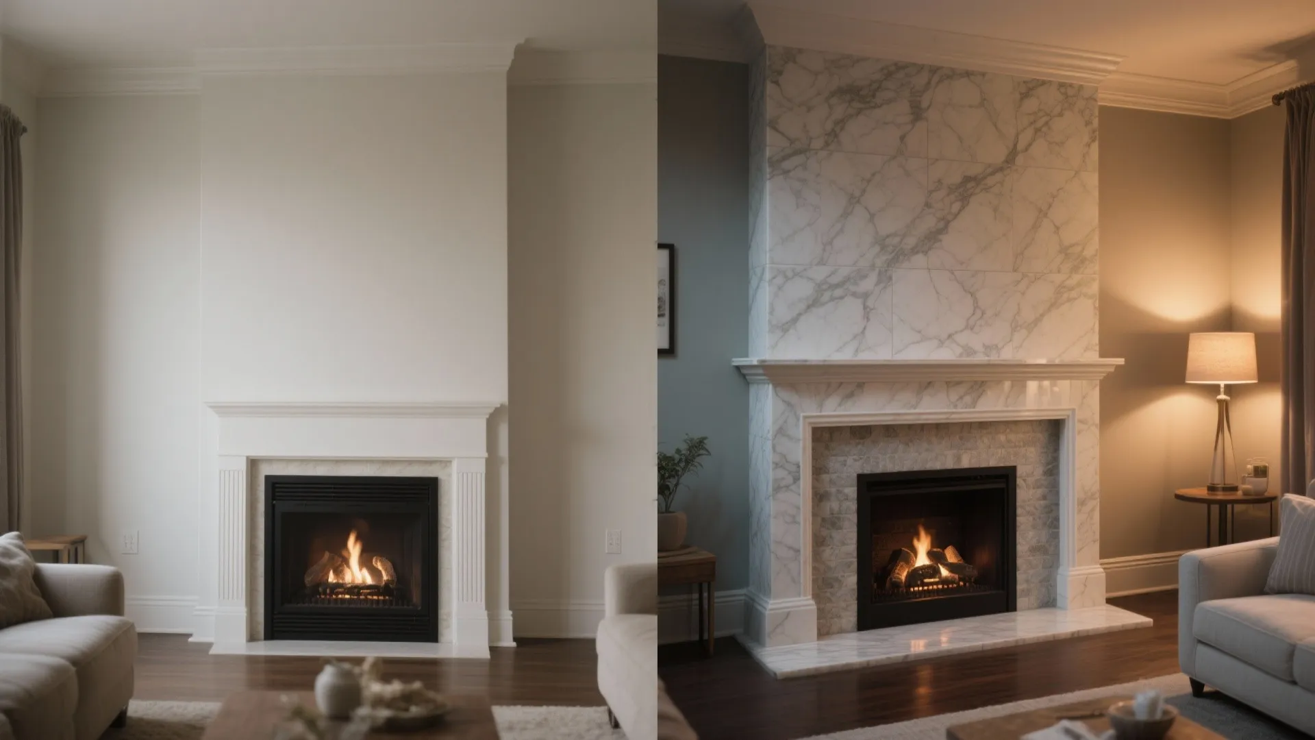 Stone-look porcelain around the fireplace (or a faux hearth)