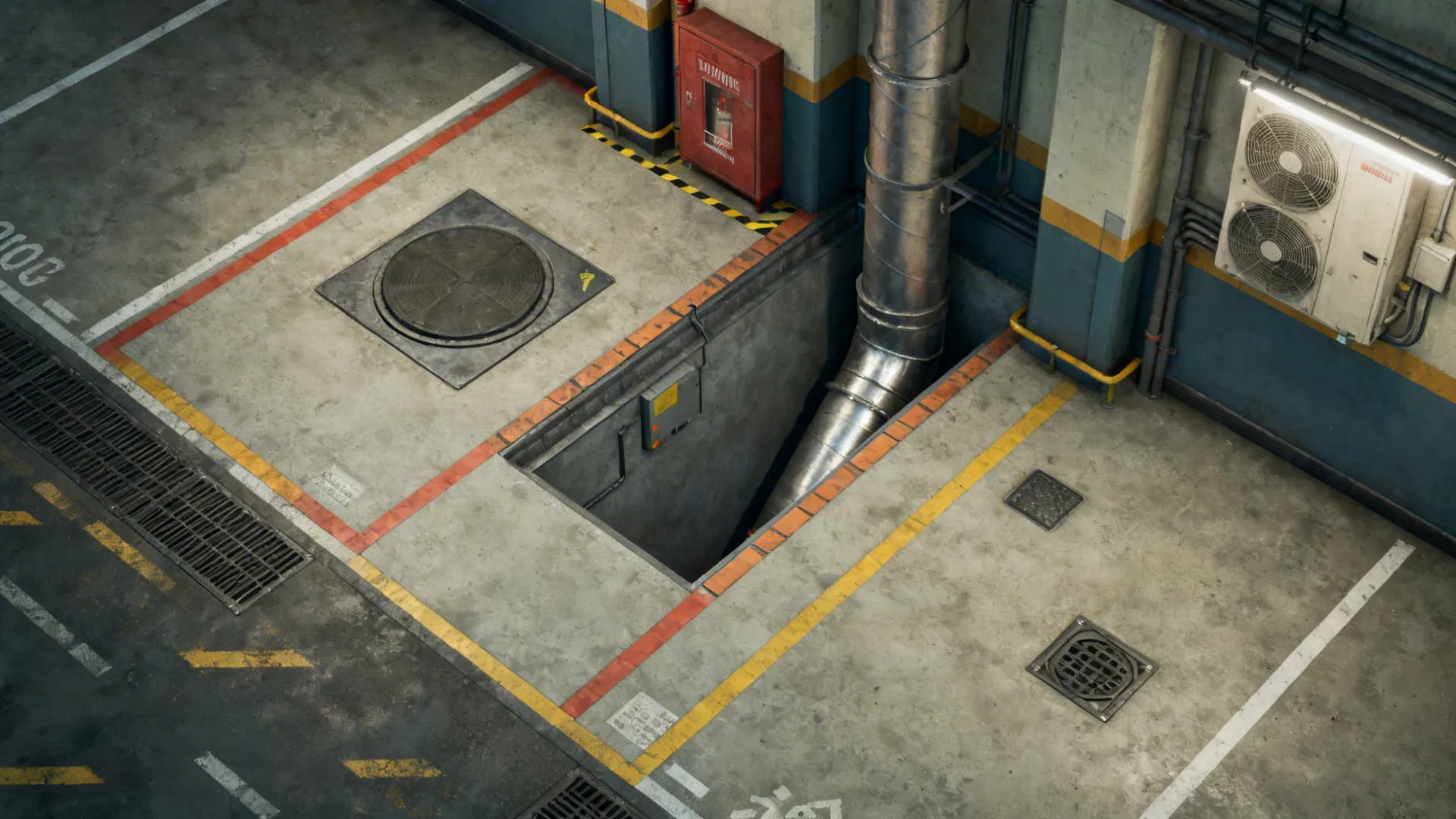 Top-down plan vignette showing hood footprint, duct route, and fire clearances with access points.