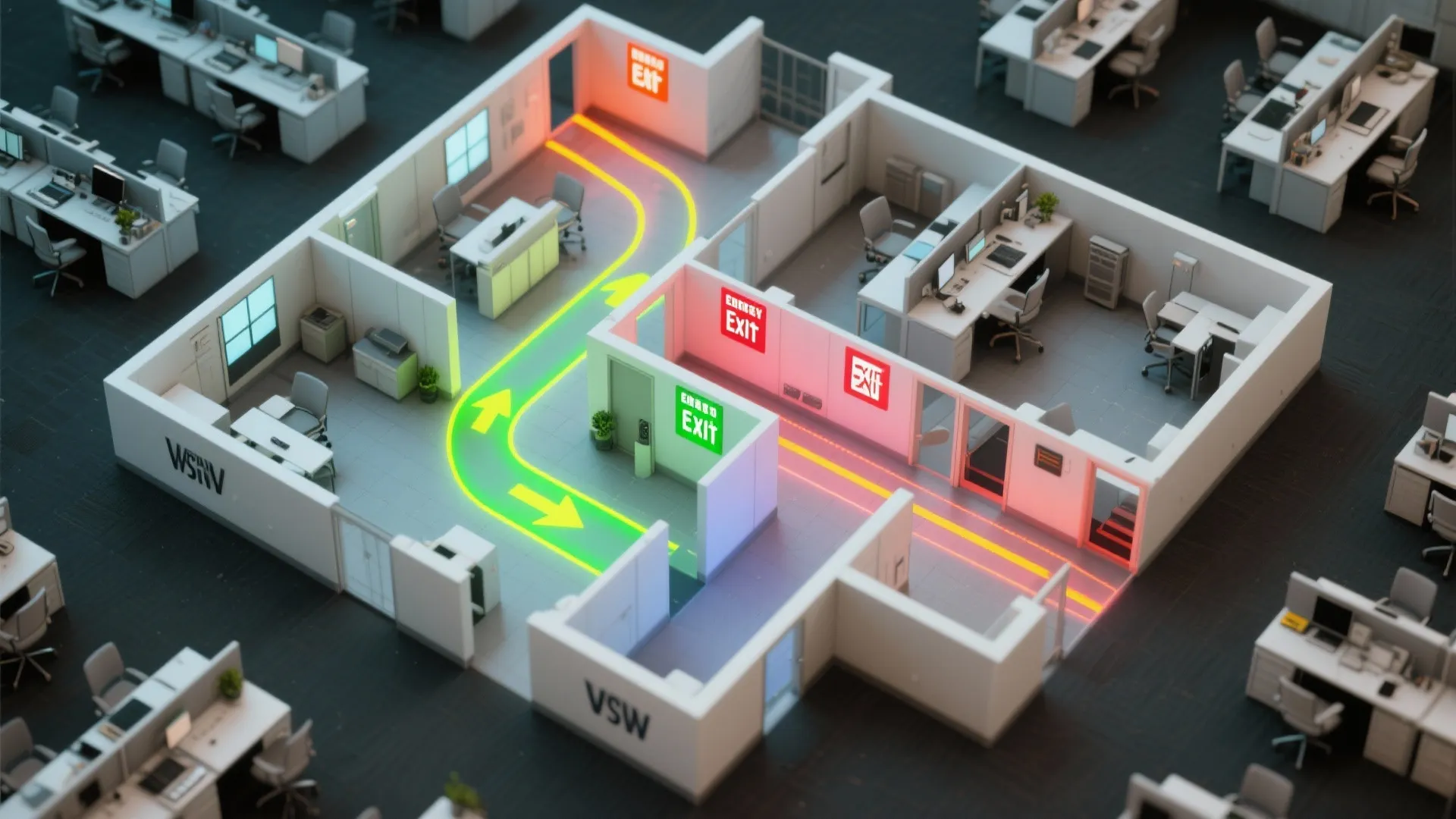 Interior design drawing showing 3D office floor plan with green arrows and red exit signs