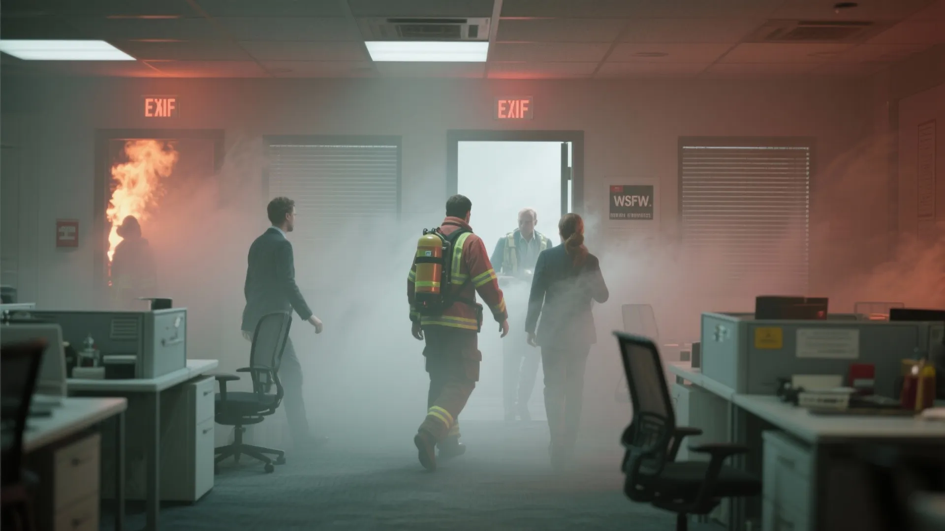 Emergency fire drill in smoky office with people walking toward exit signs led by safety staff