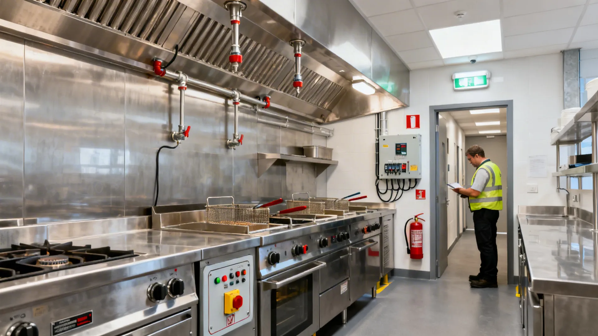 UK kitchen with gas interlock, suppression over fryers, and orderly compliance features.