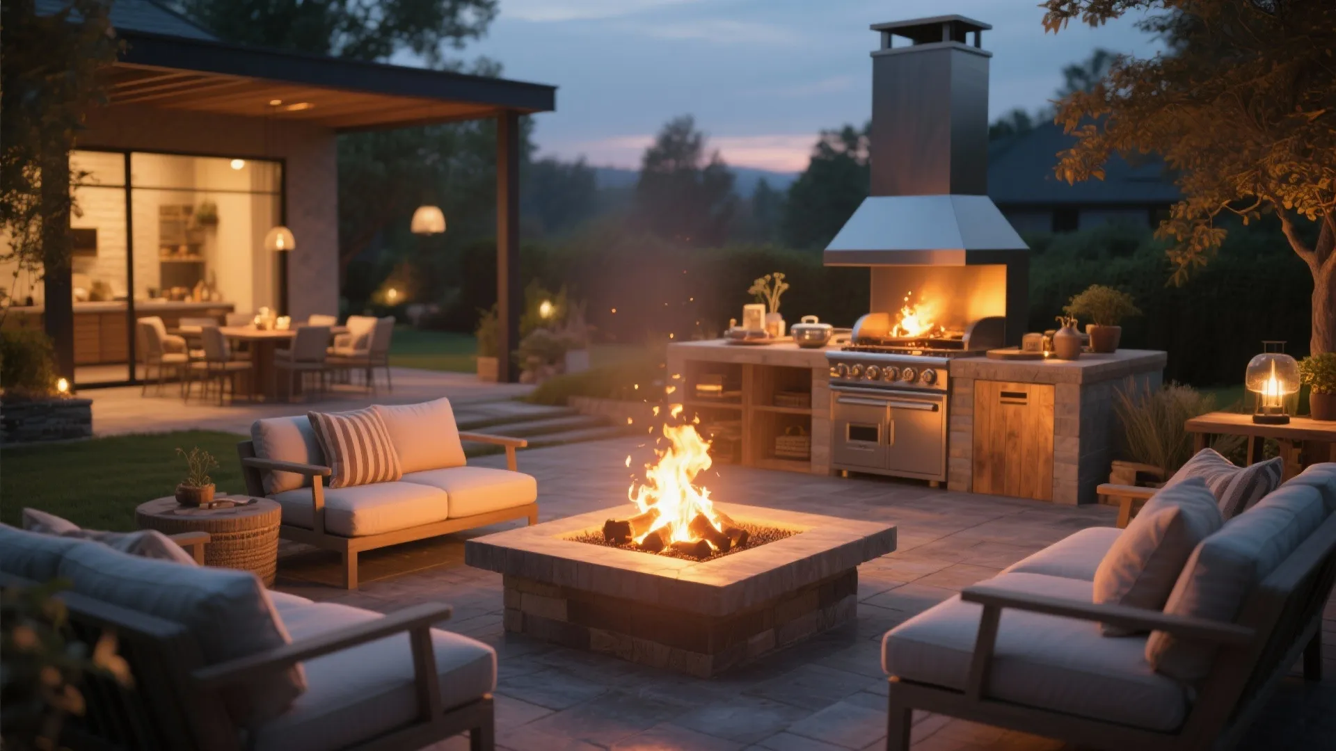 Outdoor kitchen with integrated fire pit and surrounding seating