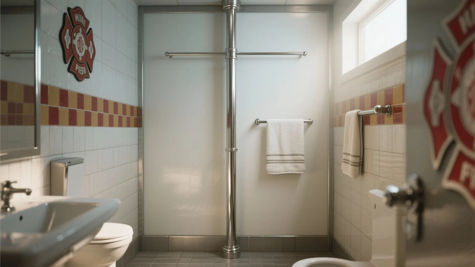 Polished metal pole towel bar doubling as room divider in firefighter bathroom
