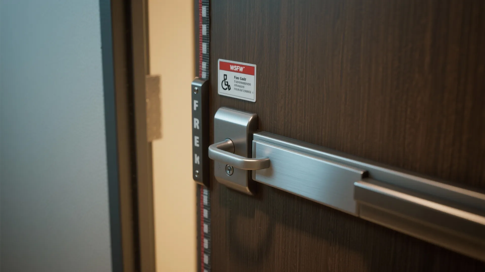 Dark wood fire door with metal push bar handle and a small white safety sign