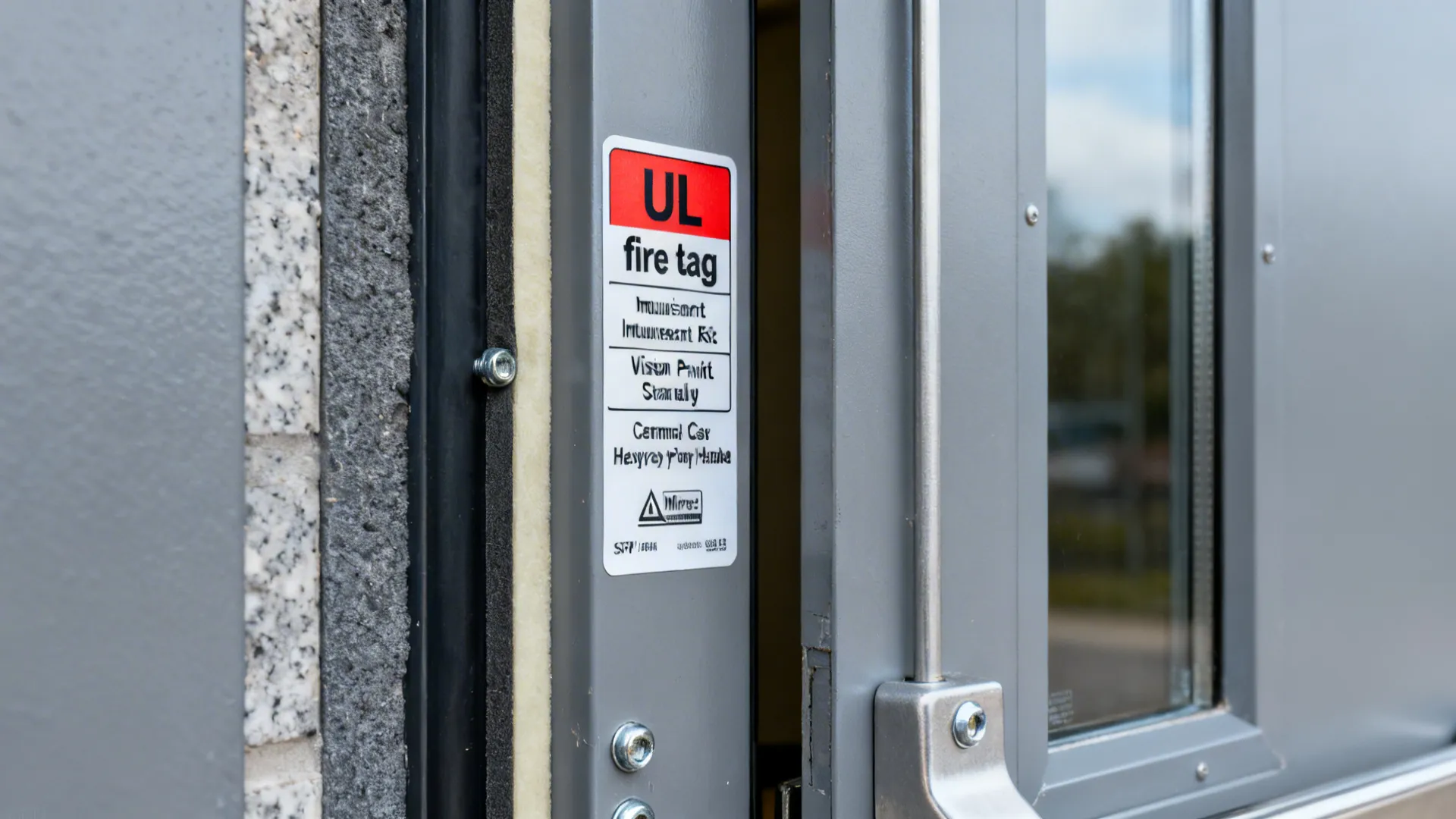 Close-up of fire-rated double-action door edge with intumescent seals and rated glazing kit.