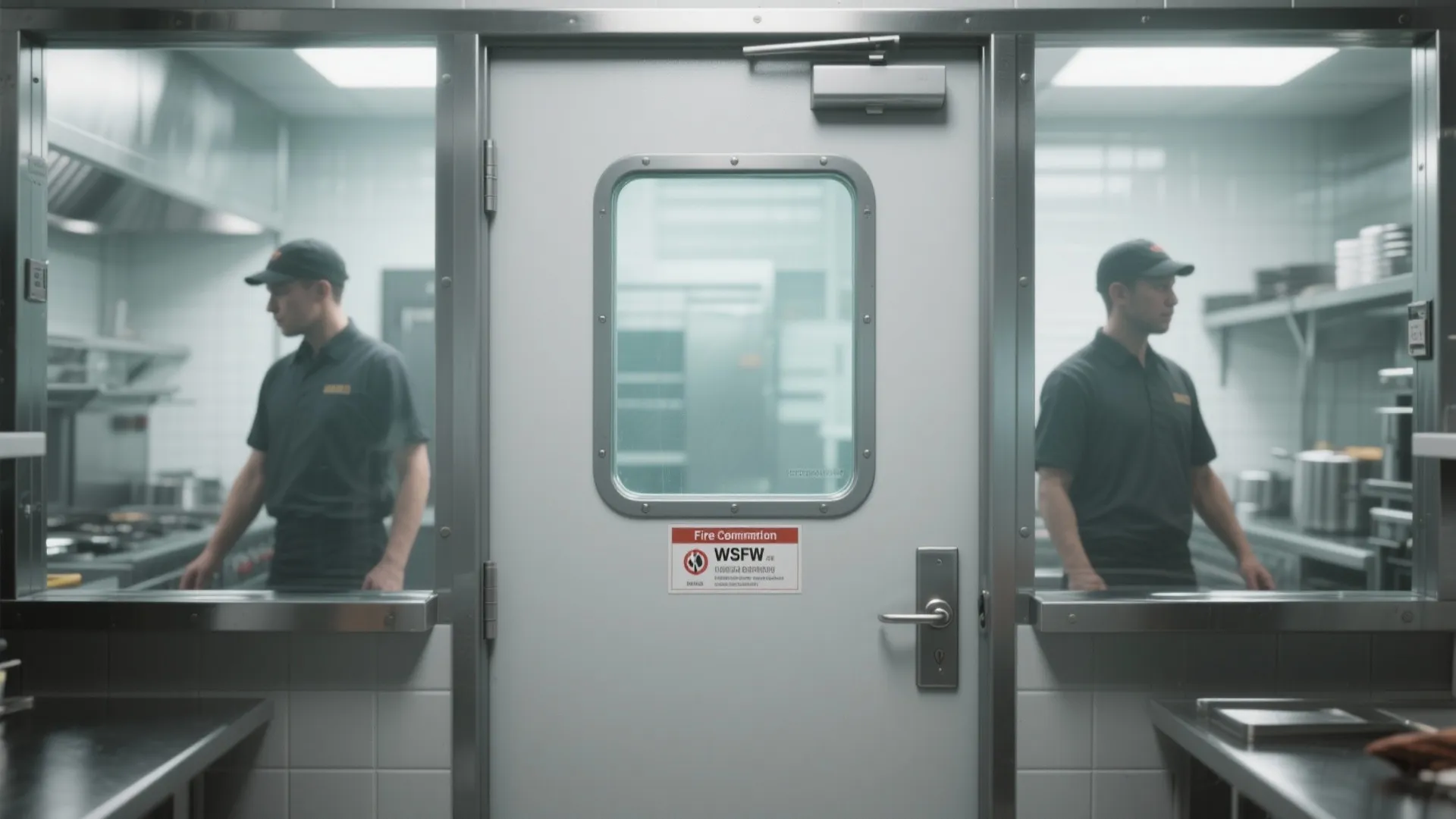 Commercial kitchen fire door with small glass window and metal handle between two glass viewing panels