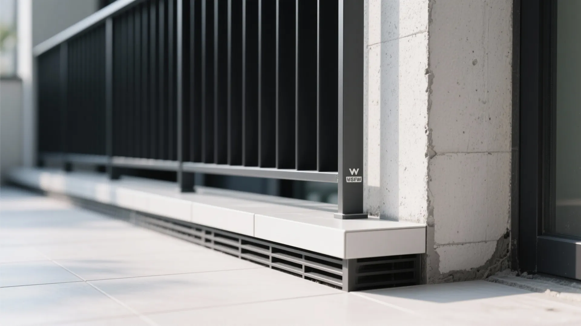 Macro of cement board with aluminum trim and porcelain tile behind a grill.